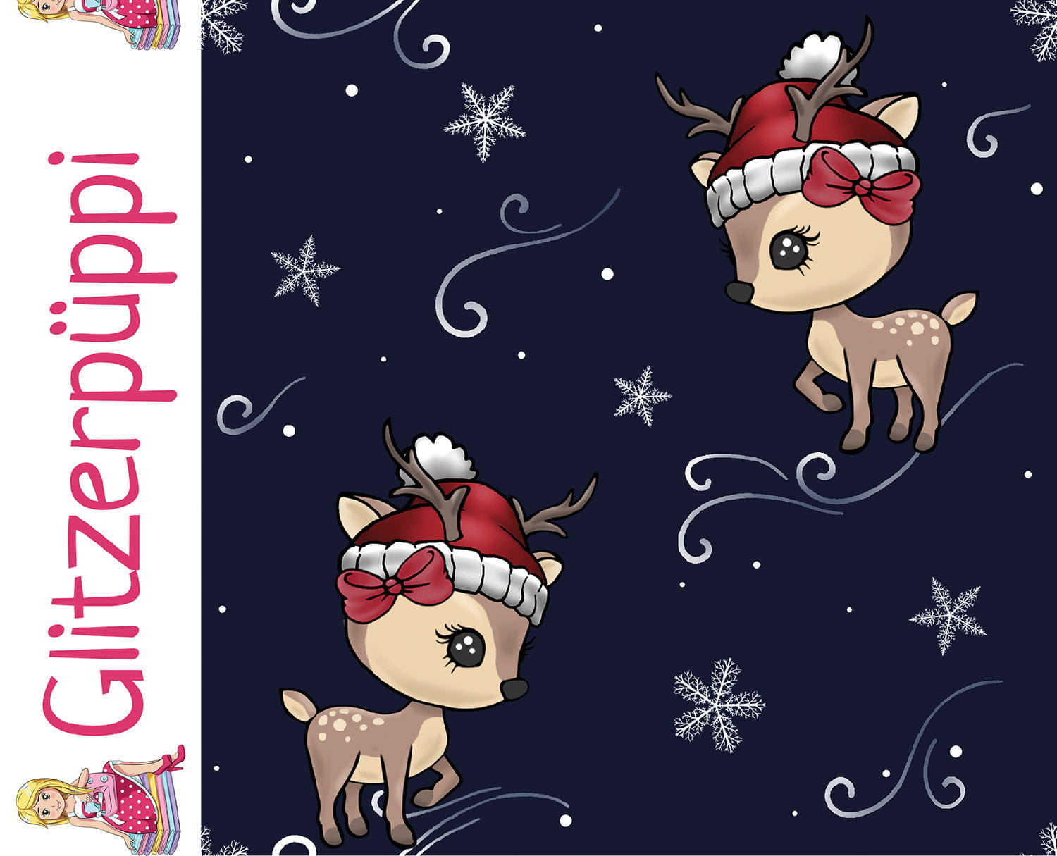 Glitzerpüppi French Terry Digital angeraut mit weihnachtlichen Baby-Hirschen - marine (N008)