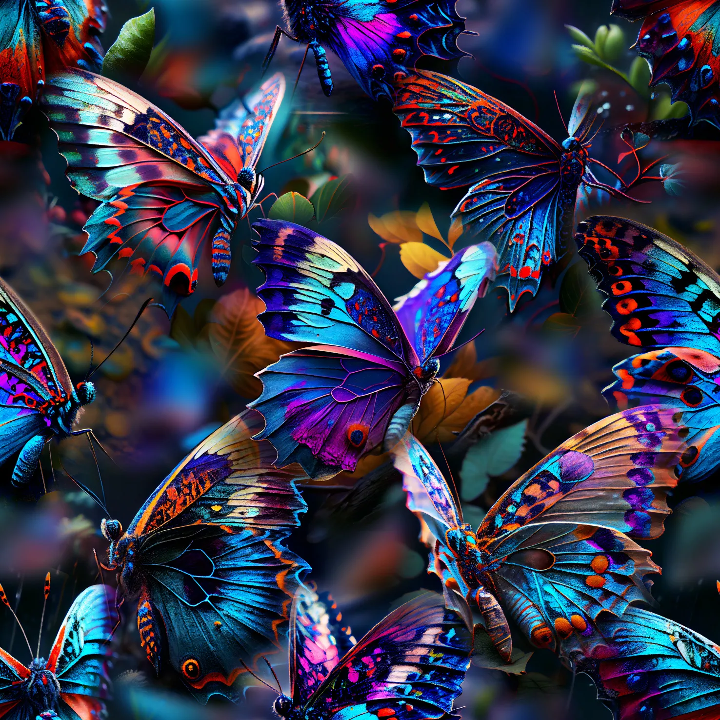 Digital bedruckter Sommersweat mit leuchtenden Schmetterlingen in Blau, Violett, Pink und Rot auf dunklem Hintergrund - detailreich und farbenintensiv.