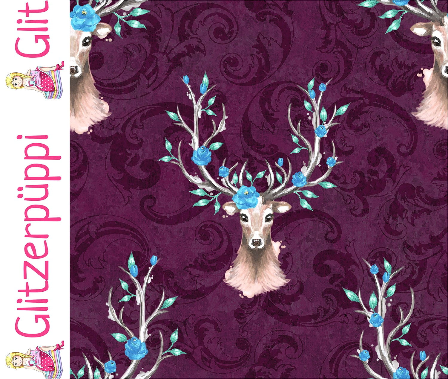 Glitzerpüppi French Terry Digital angeraut mit Hirschen und Blumen - weinrot (N019)