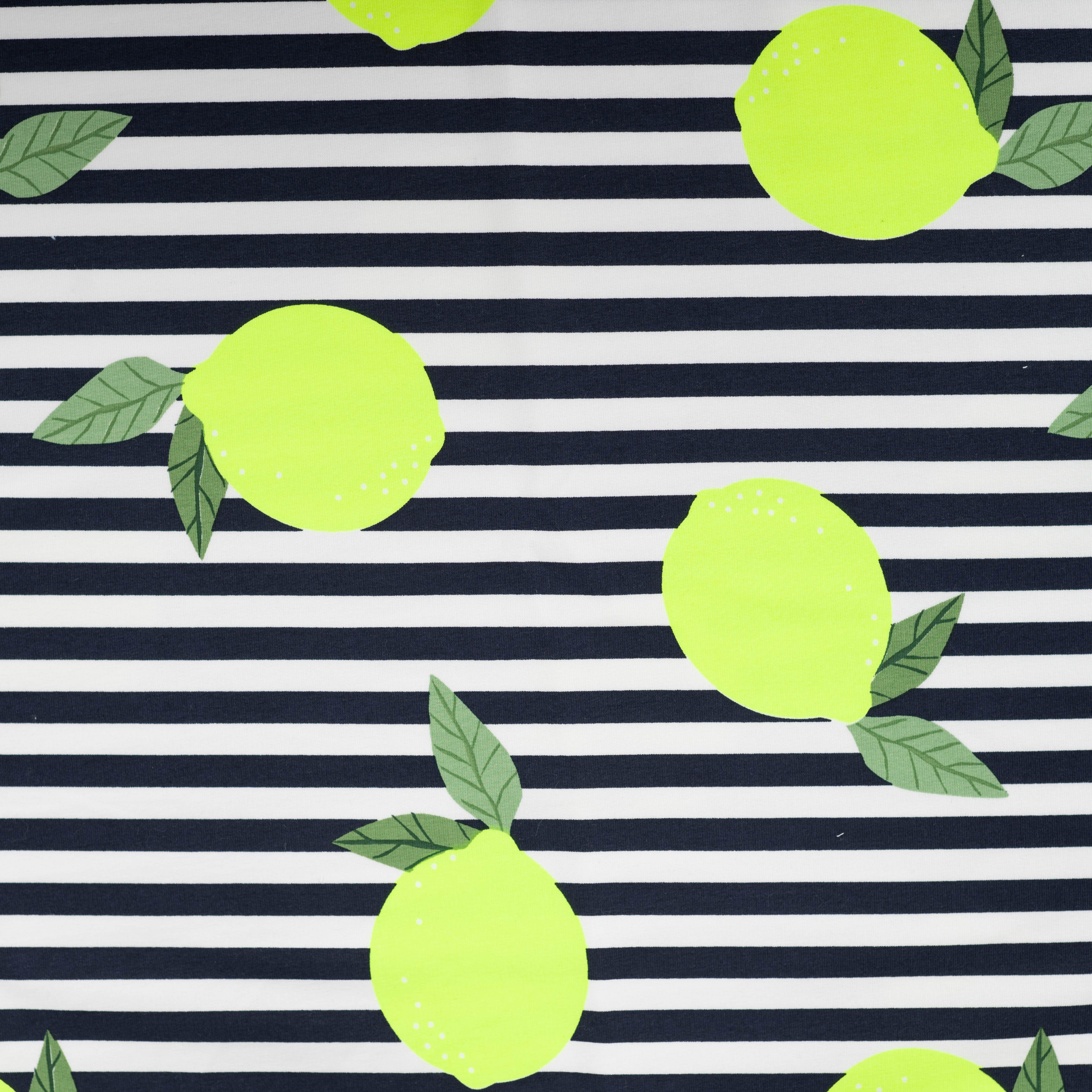 French Terry "Neon Lemons" mit neongelben Zitronen - schwarz/weiß gstreift