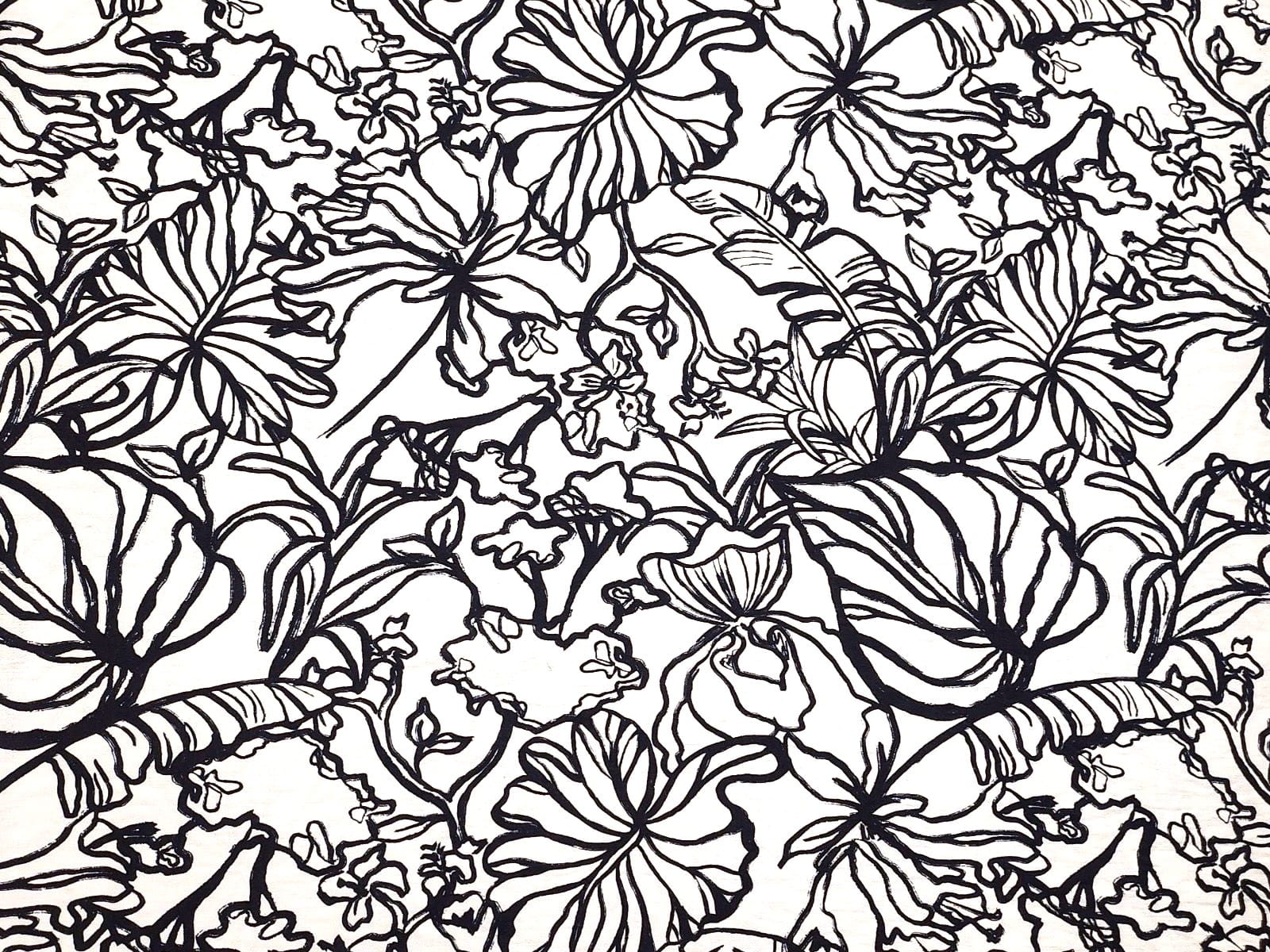 Viskose Digital Crinkle mit floralen Line Art Blumen - ecru/dark navy