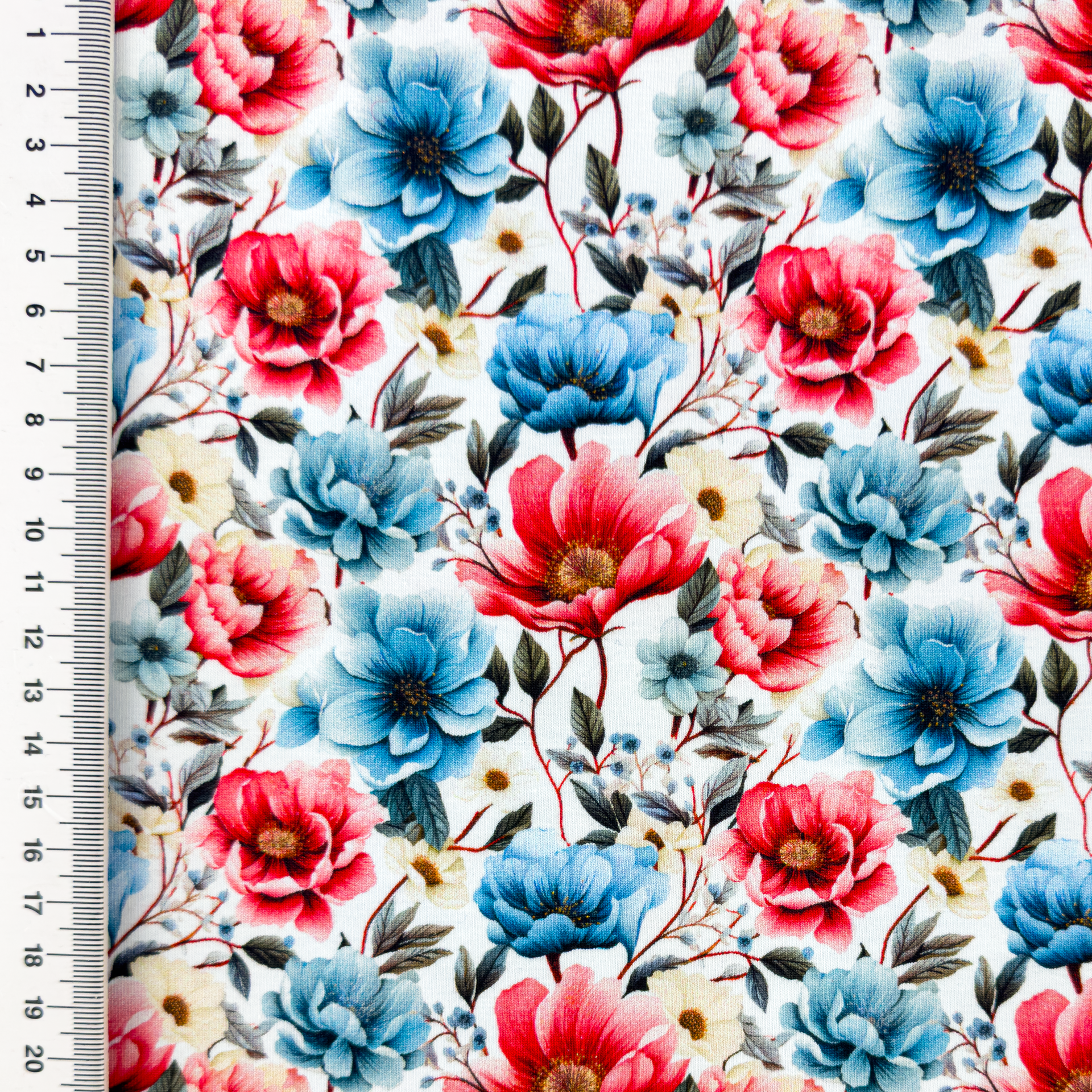 Baumwolljersey Digital "Sunset Flowers" - blau/rot/weiß  