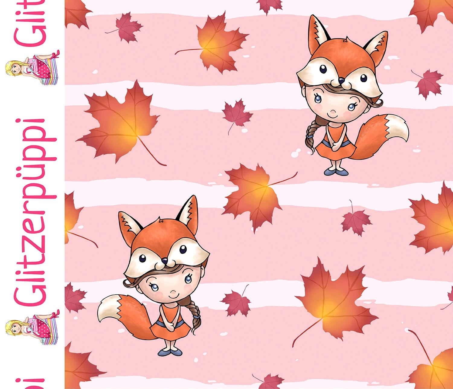 Glitzerpüppi French Terry Digital mit Fuchs-Mädchen und Herbstlaub mit Streifen - altrosa N011)