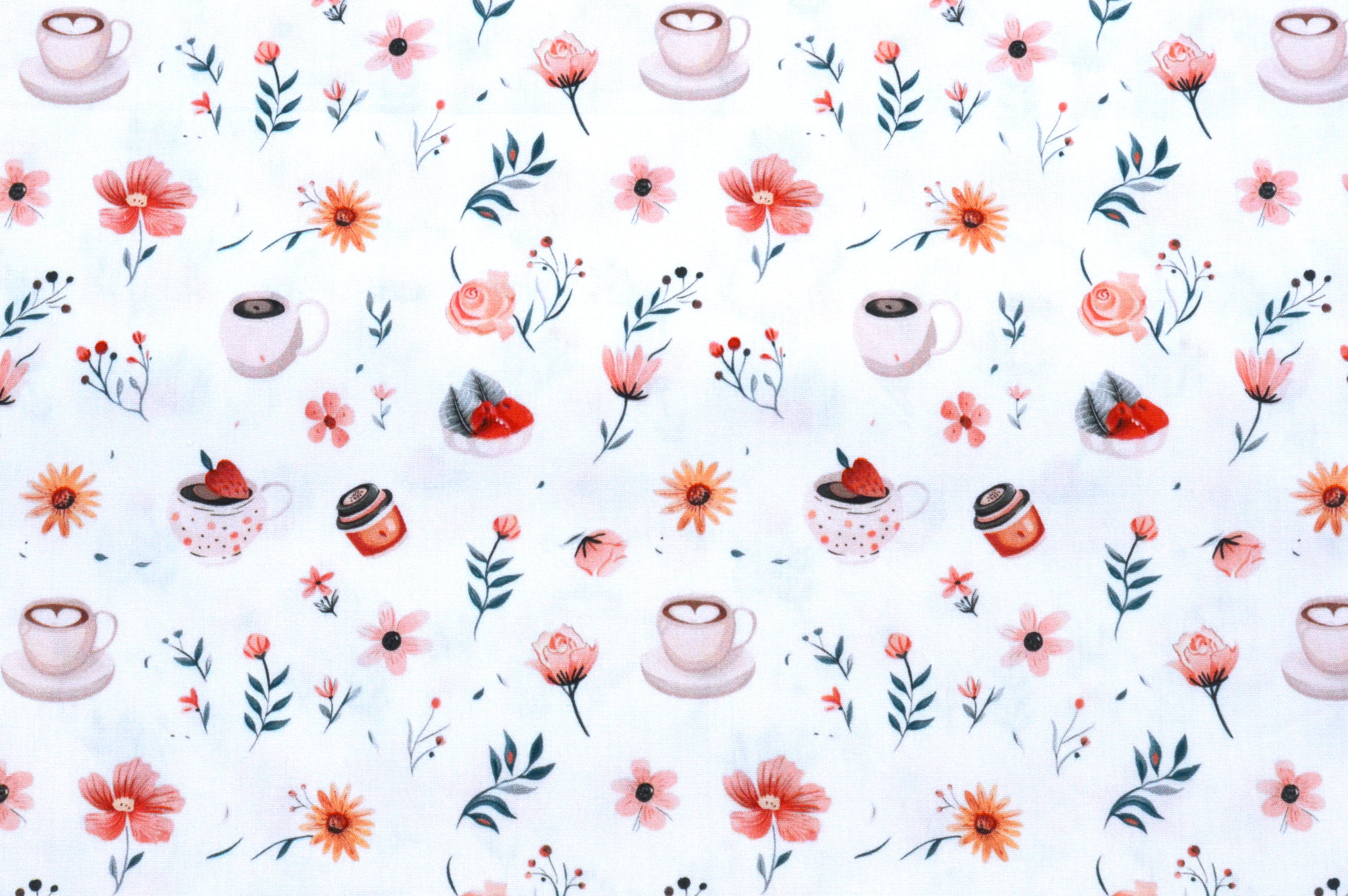 Baumwollstoff Digitaldruck Eigenproduktion mit Blumen, Erdbeeren  und Kaffee - creme