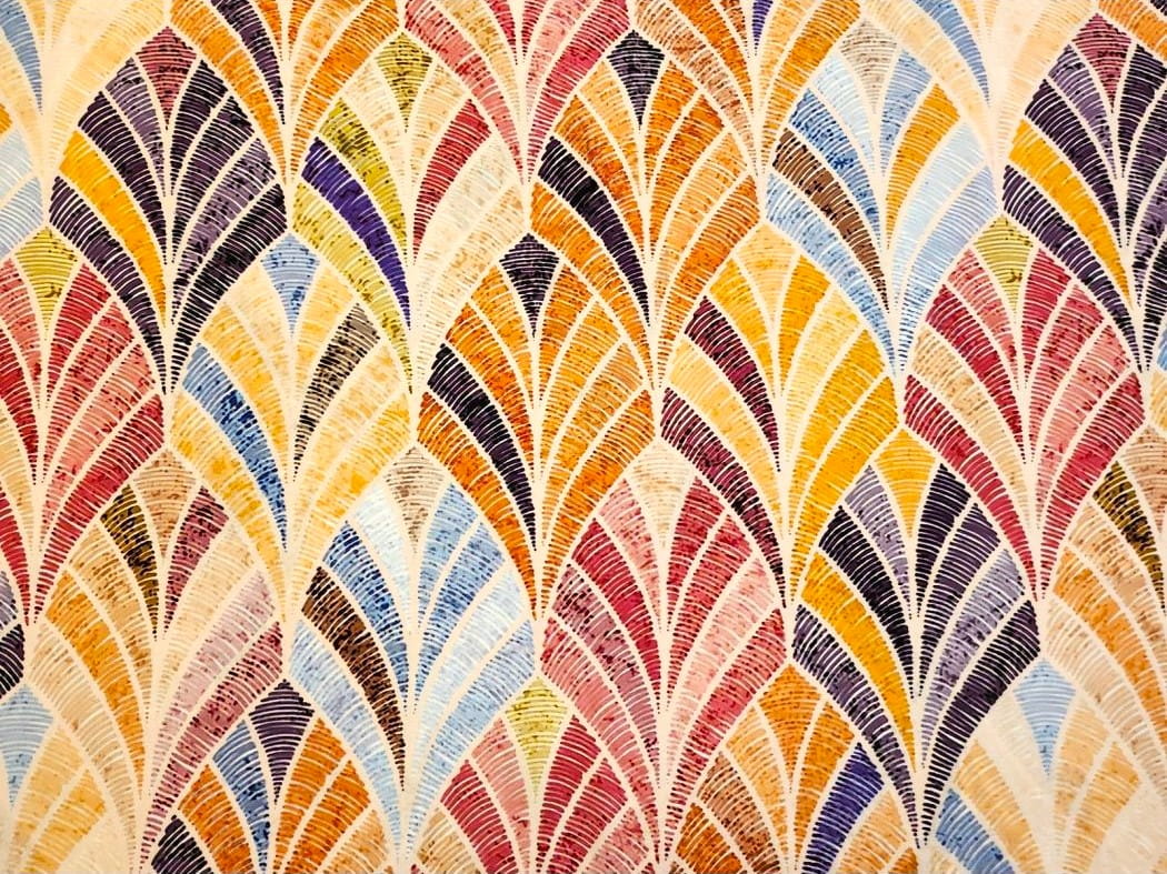 Viskose  Digital mit grafischen Fächermuster - orange/rot/lila/gelb