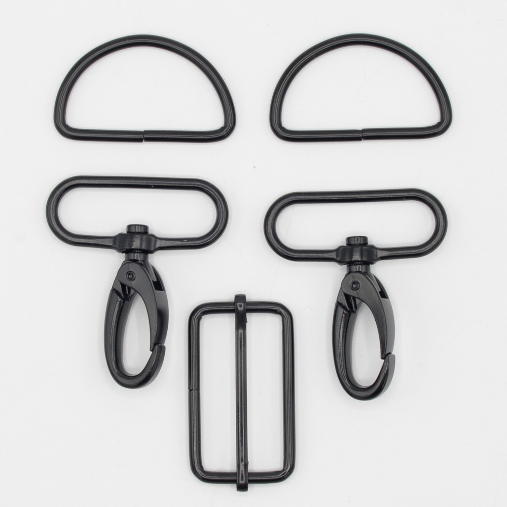 Set 5-teilig 40mm Karabinerhaken + D-Ringe + Leiterschnalle - schwarz (569)