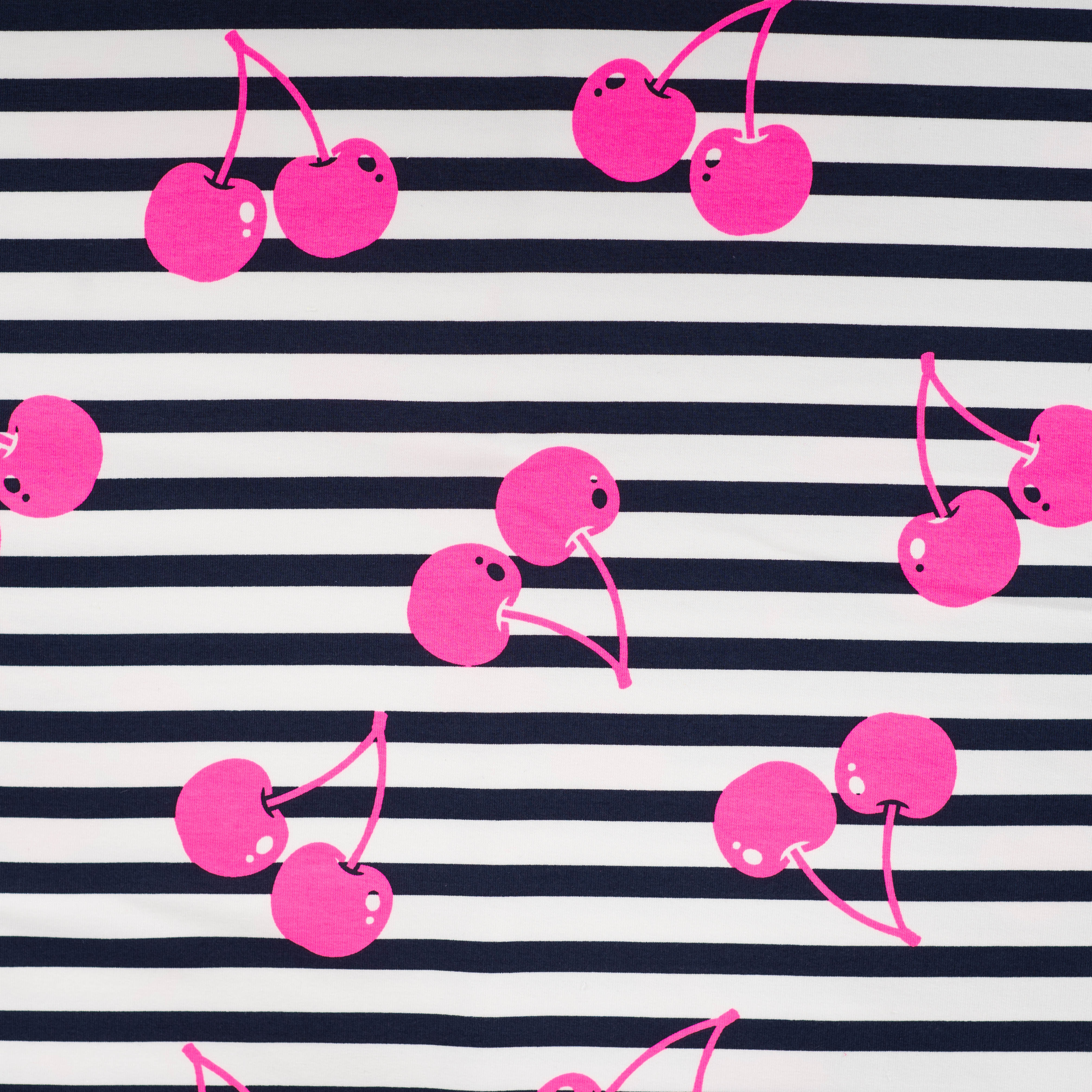 French Terry "Neon Cherries" mit neonpinken Kirschen - schwarz/weiß gstreift