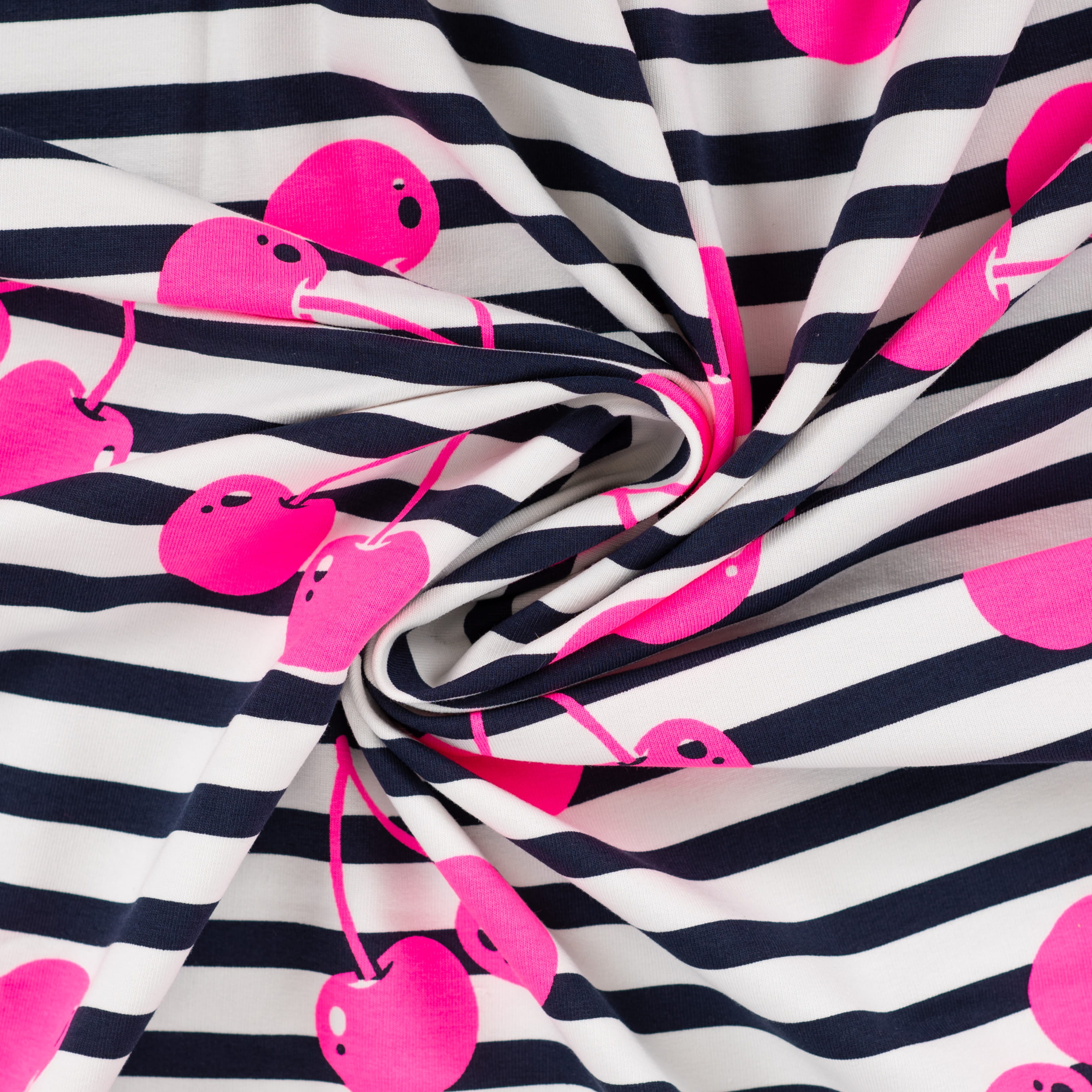 French Terry "Neon Cherries" mit neonpinken Kirschen - schwarz/weiß gstreift