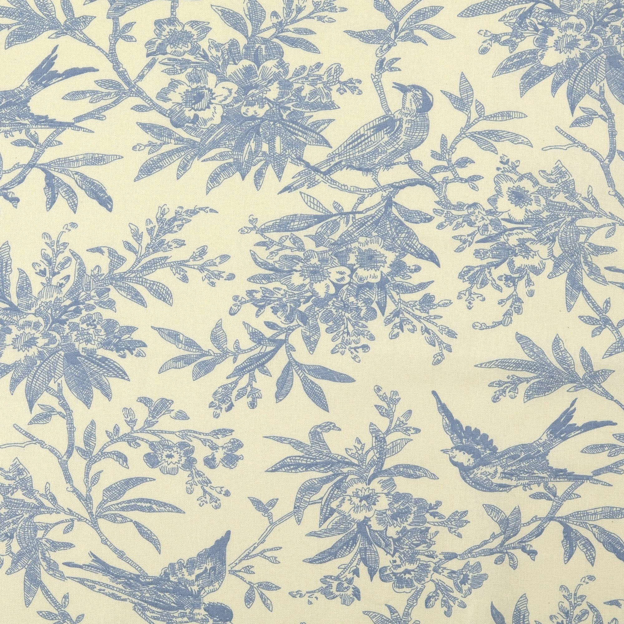 Baumwollstoff Popeline mit Vintage-Vögeln und Blumenranken - creme/dusty blue