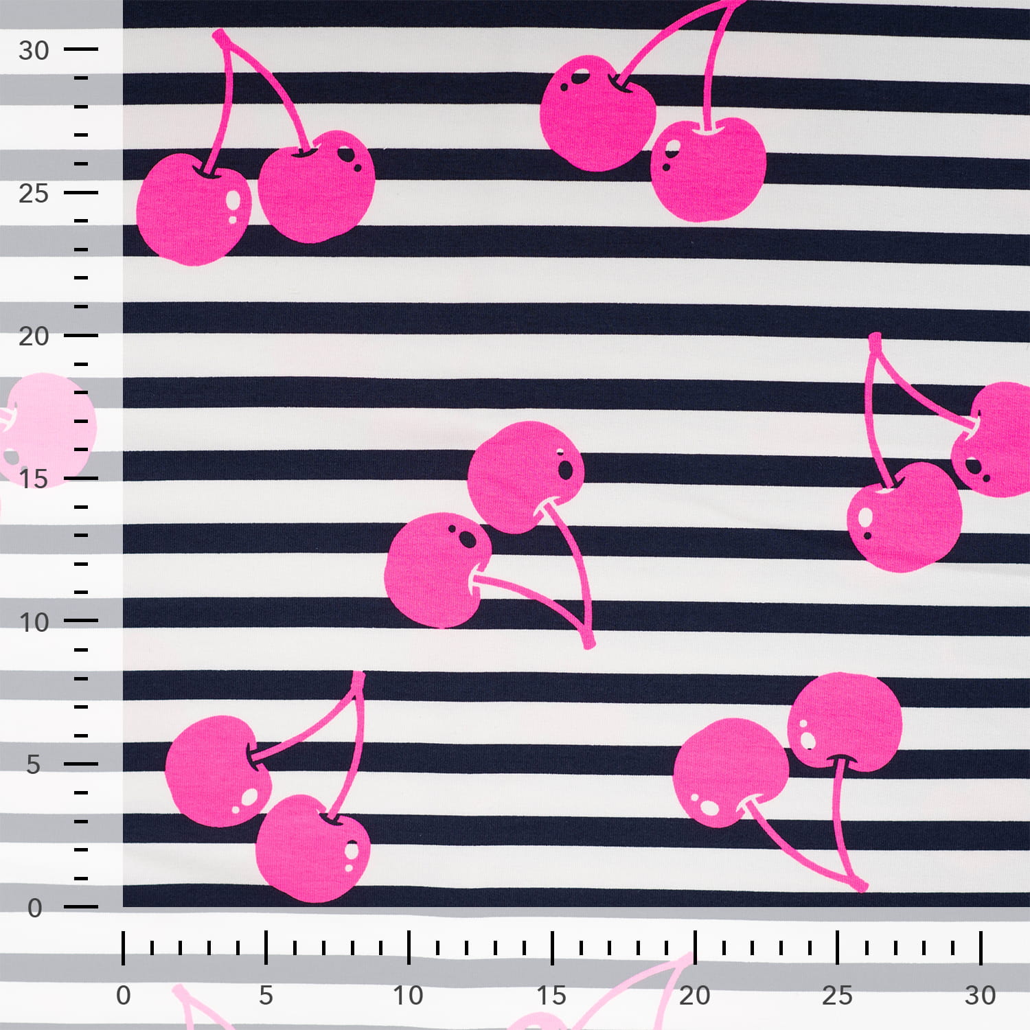 French Terry "Neon Cherries" mit neonpinken Kirschen - schwarz/weiß gstreift