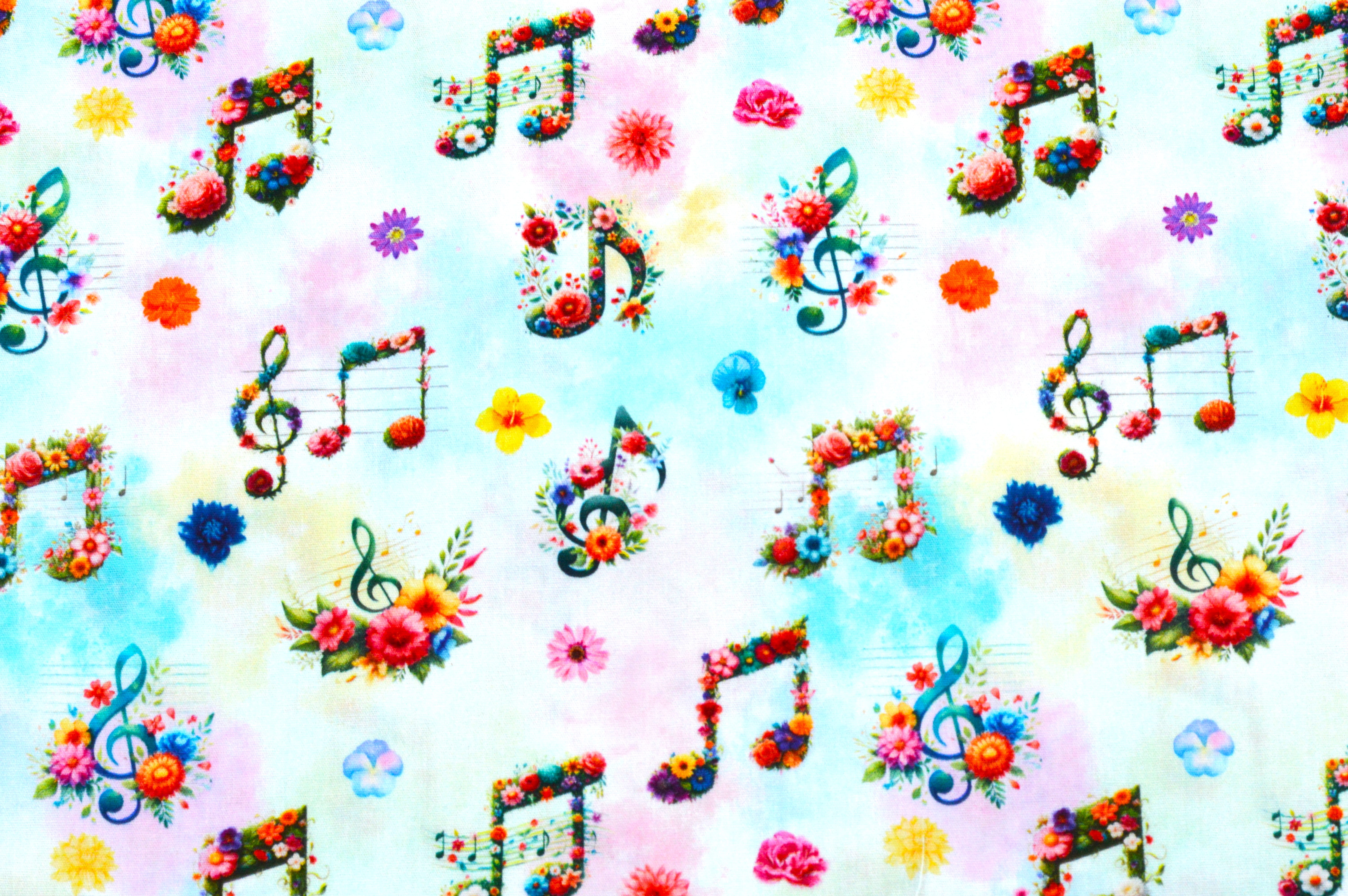 Baumwollstoff Digitaldruck Eigenproduktion mit bunten Musiknoten und Blumen - weiß/bunt