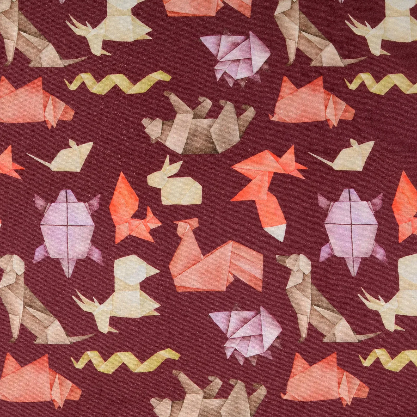 Baumwollstoff Cretonne Digital mit Origami-Tieren - dusty bordeaux