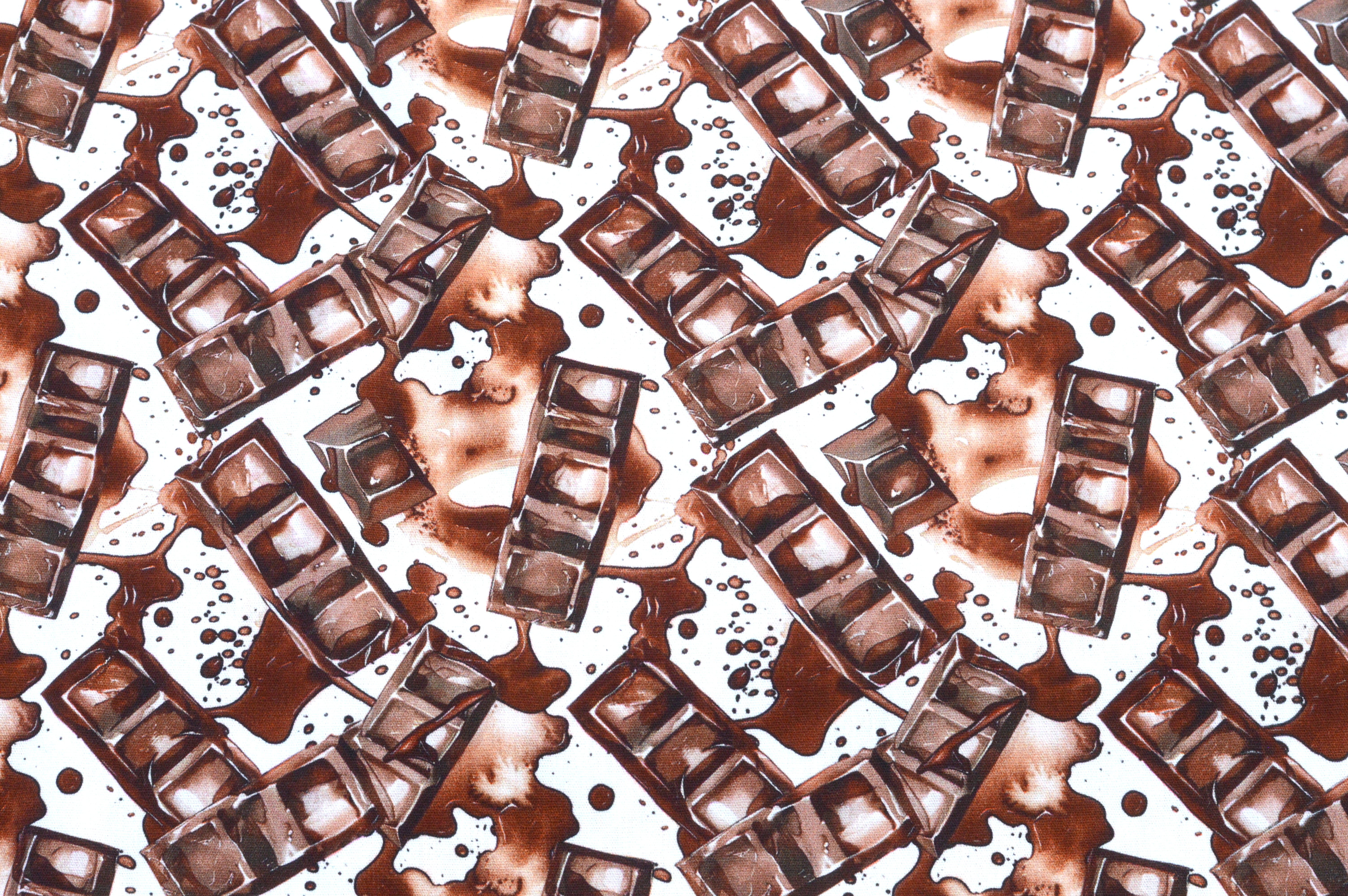 Baumwollstoff Digitaldruck Eigenproduktion "Melted Chocolate" mit Schokoladenriegeln - weiß/braun
