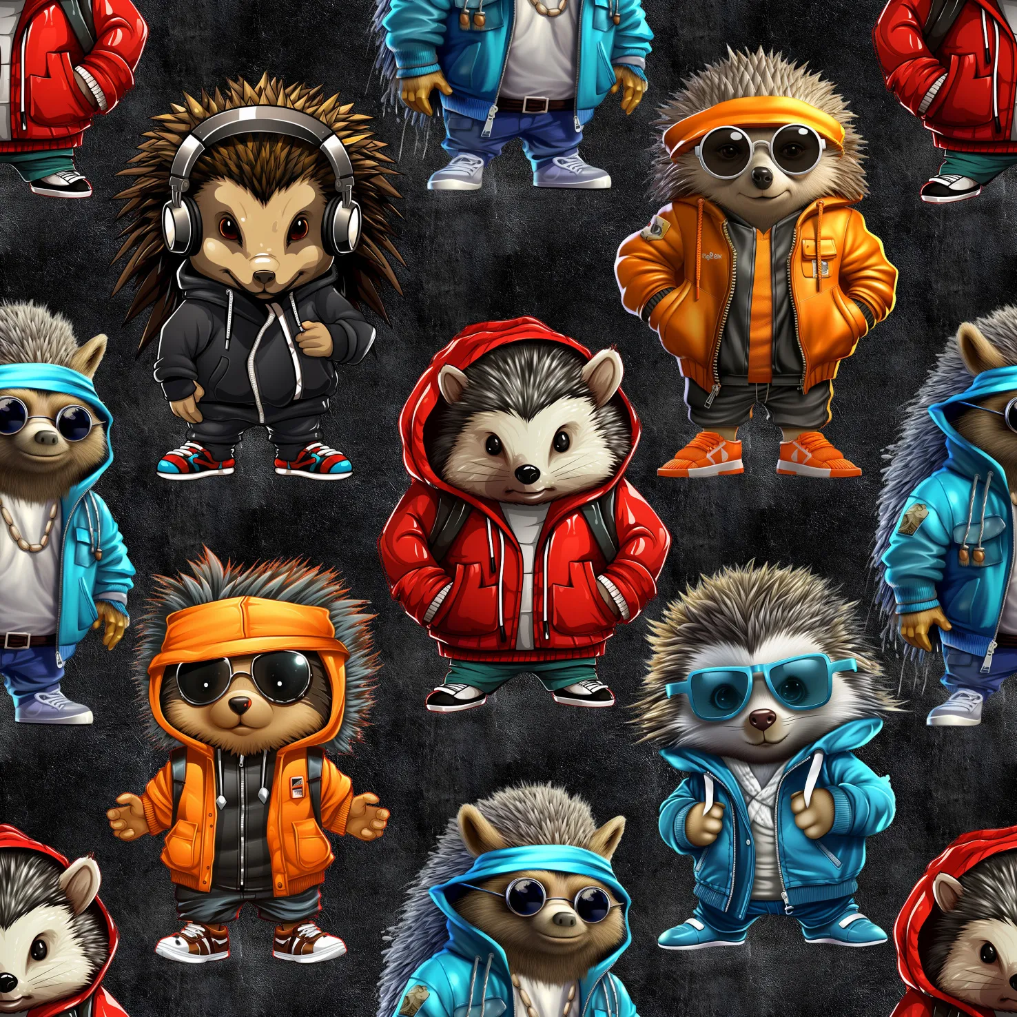 Digital bedruckter Sommersweat mit witzigen Igeln im Streetwear-Look - bunte Hoodies, Sonnenbrillen und Sneakers auf dunklem Hintergrund mit Struktur.