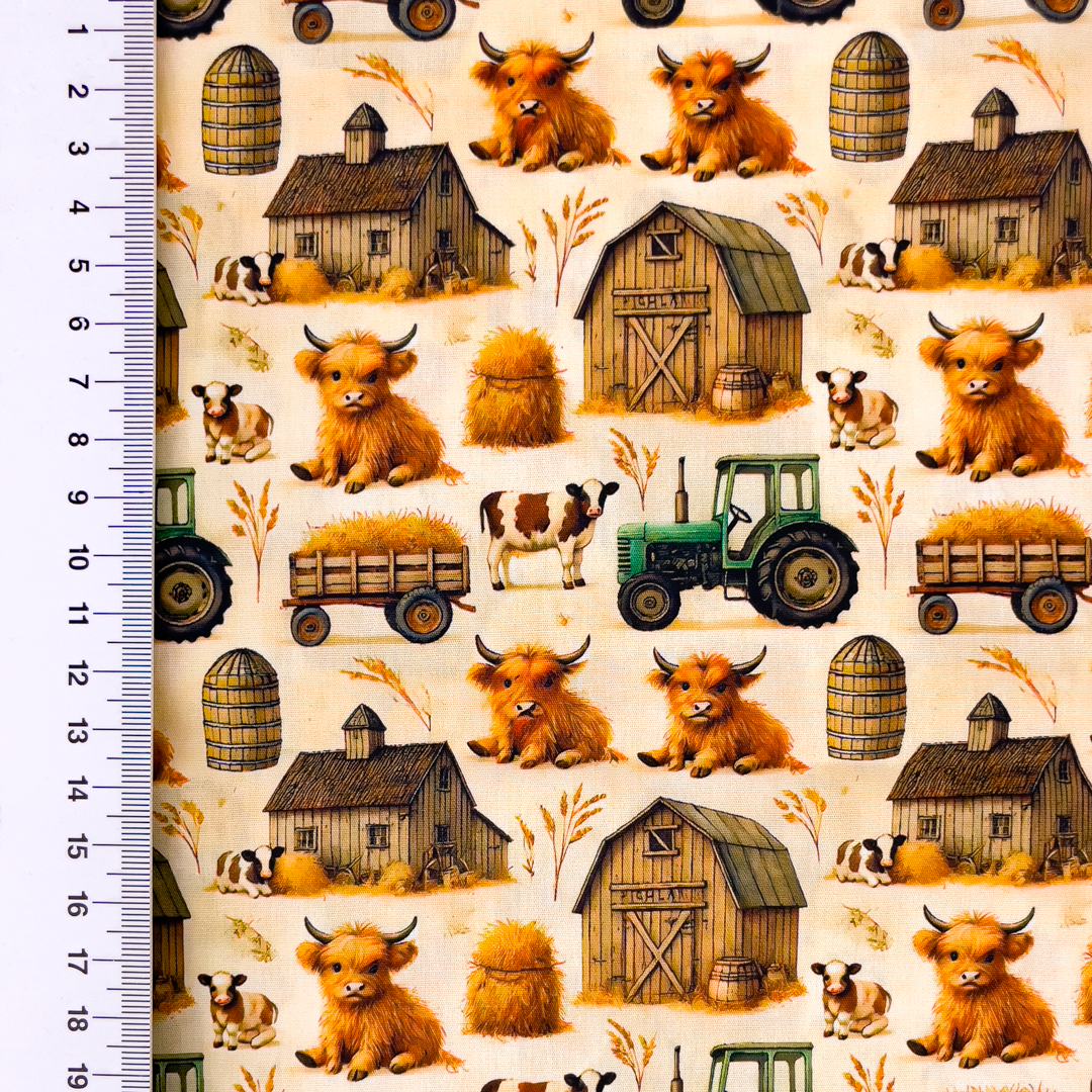 Baumwollstoff Popeline Digitaldruck mit Bauernhofmotiven - creme