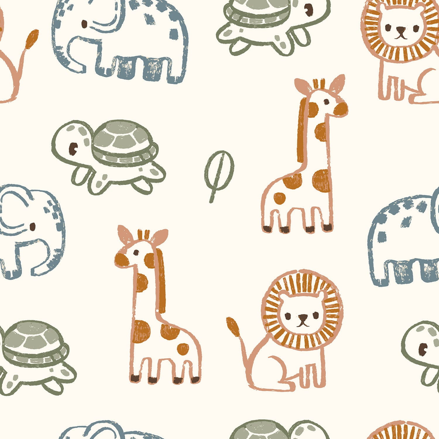 French Terry Sommersweat mit Elefanten, Giraffen, Löwen und Schildkröten auf ecrufarbenem Grund