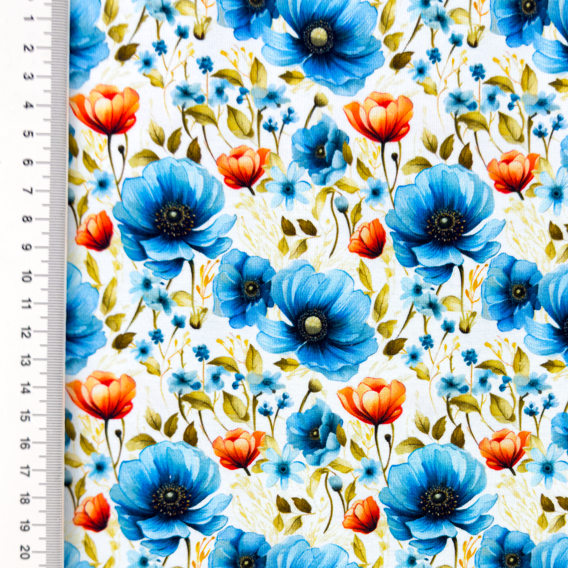 Baumwolljersey Digital "Sunset Flowers" - blau/weiß 