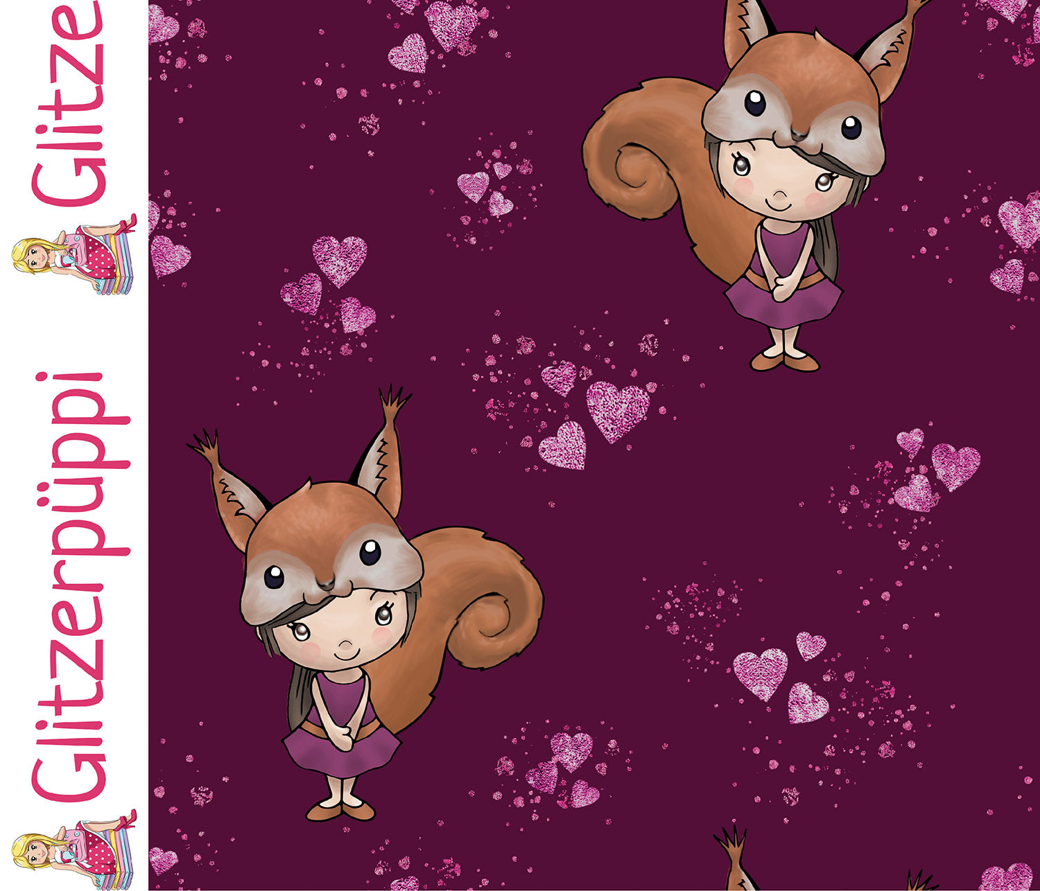 Glitzerpüppi French Terry Digital angeraut mit Fuchs-Mädchen und Herzen - weinrot (N019)
