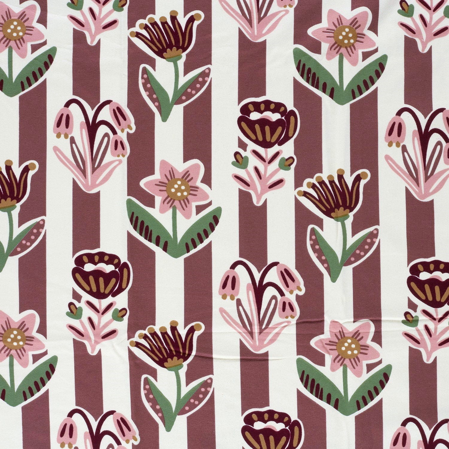 Sommersweat French Terry Digital angeraut mit Blumen - dark dusty bordeaux/hellbeige gestreift (N052)