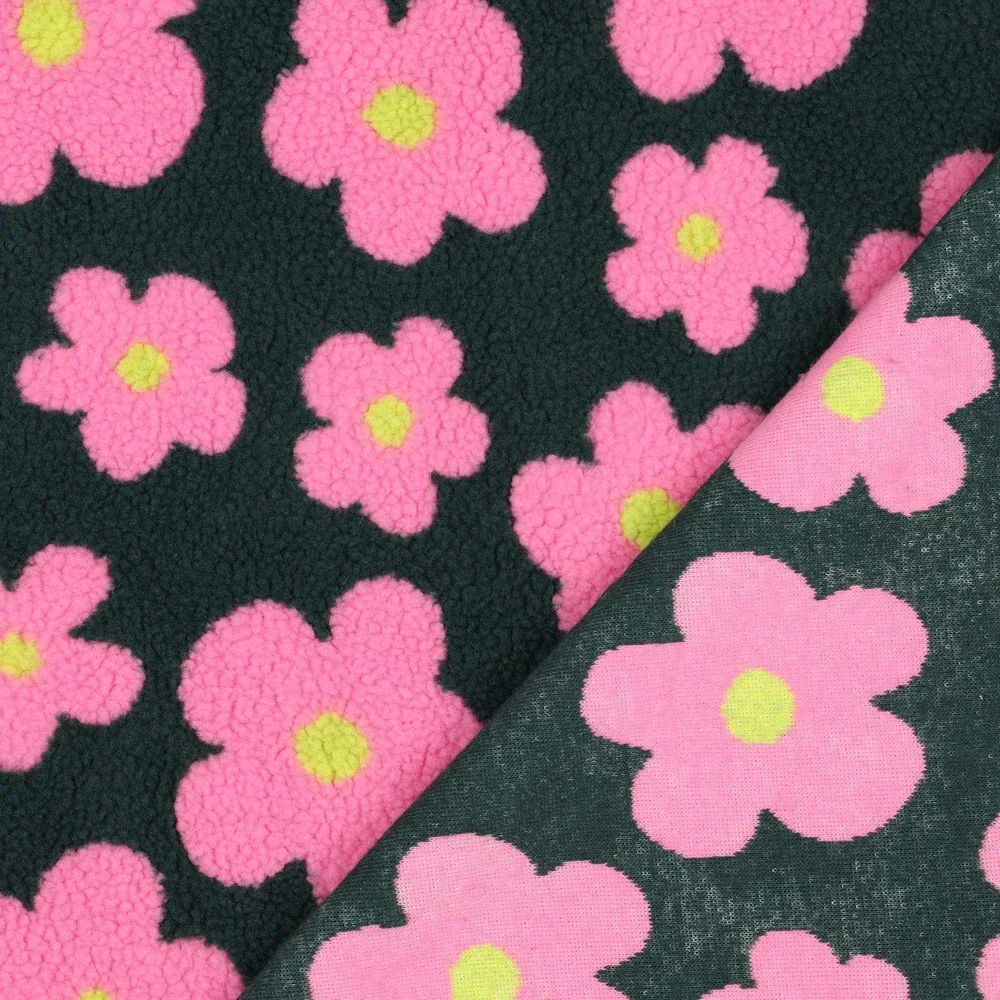 Teddystoff Jacquard mit Blumen - dunkelgrün/rosa (V003)