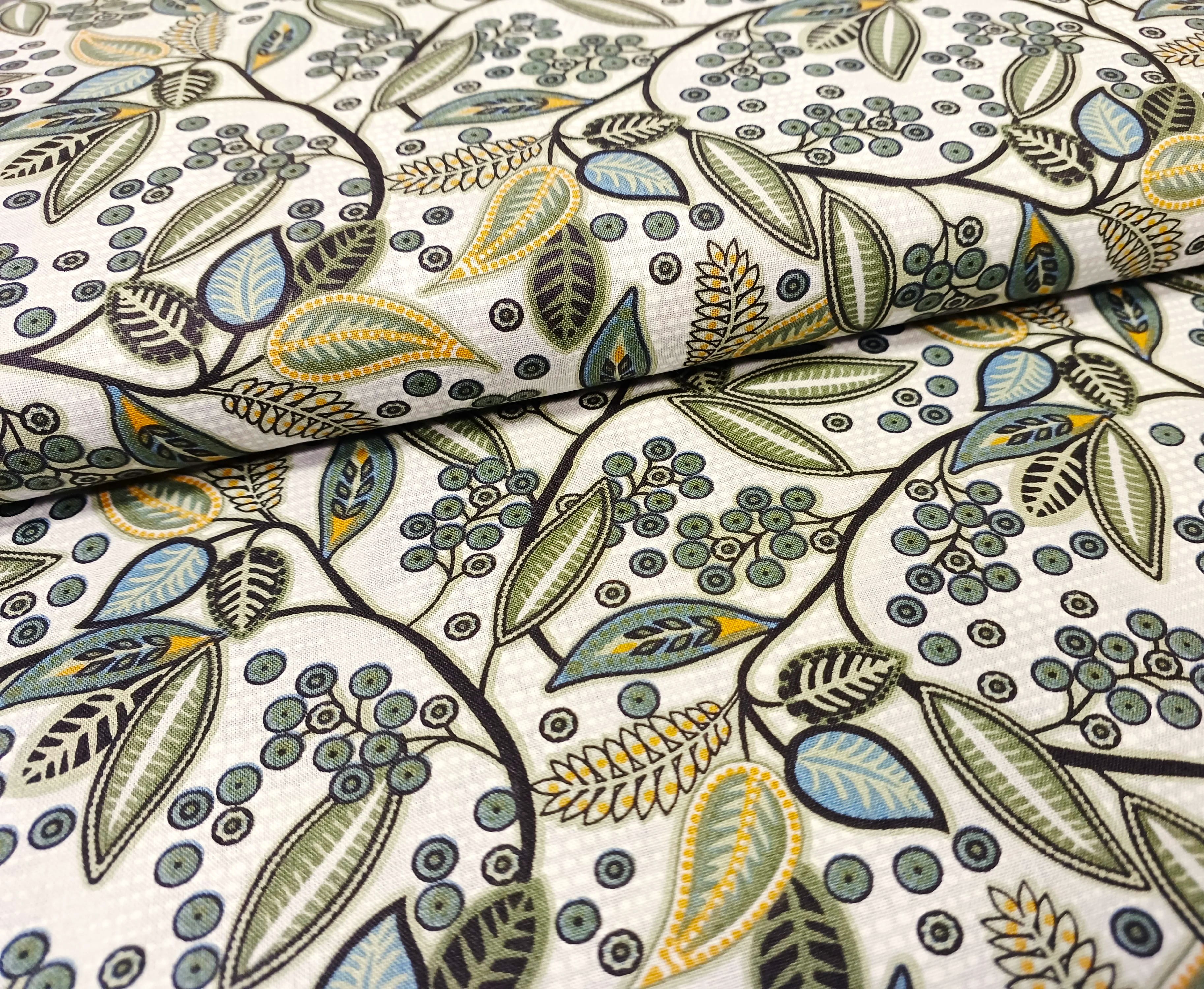 Baumwollstoff mit botanischem Blätter- und Beerenmuster - ecru