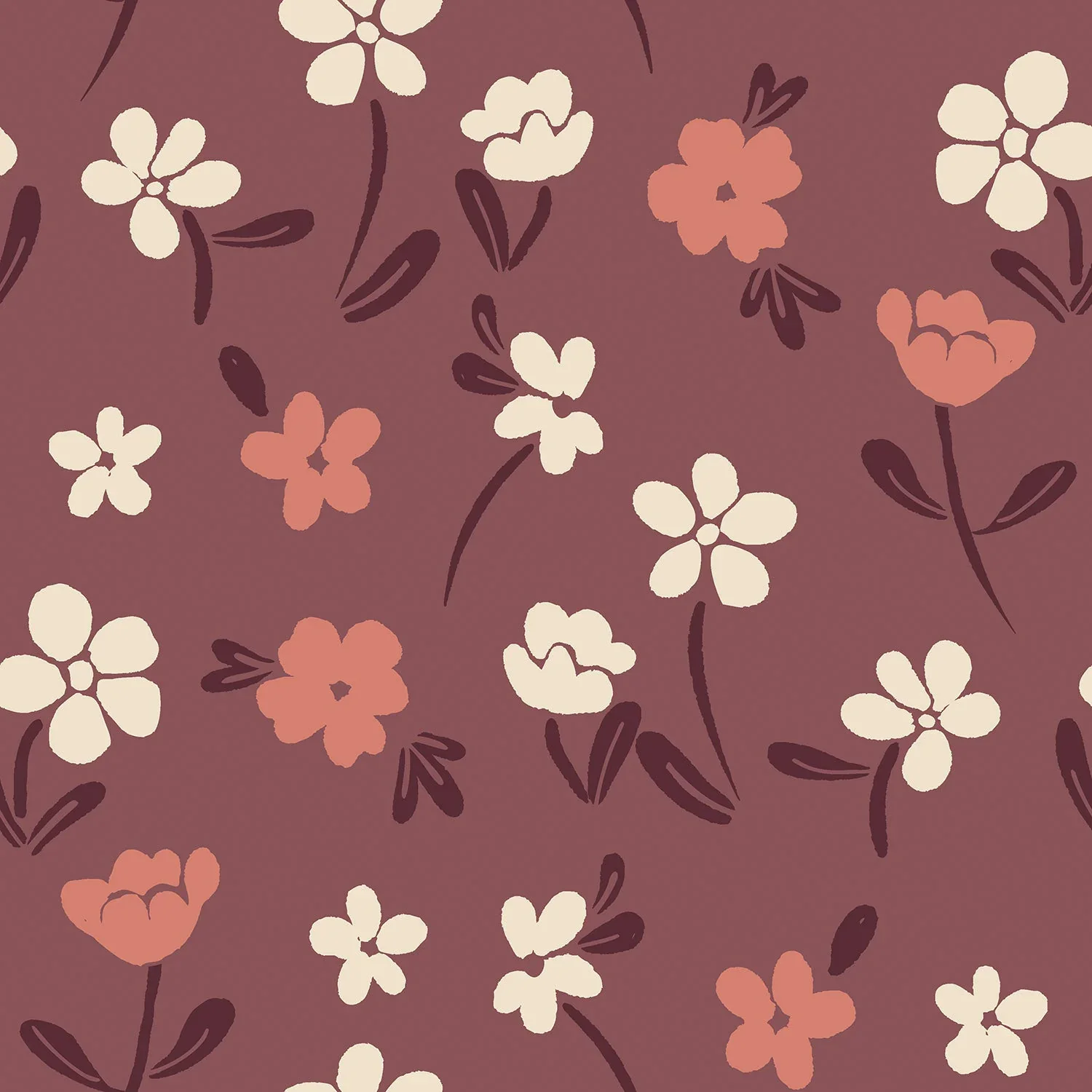 Baumwollflanell mit gezeichneten Blumen - dusty bordeaux