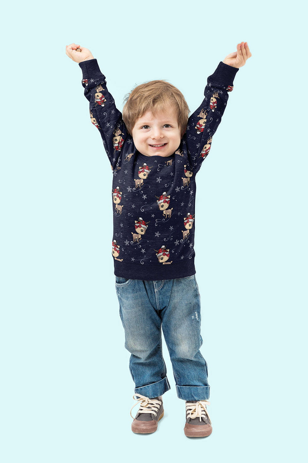 Glitzerpüppi French Terry Digital angeraut mit weihnachtlichen Baby-Hirschen - marine (N008)