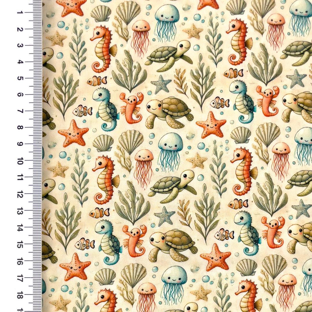 Baumwollstoff Popeline Digitaldruck "Unterwasser Welt" - hellbeige 