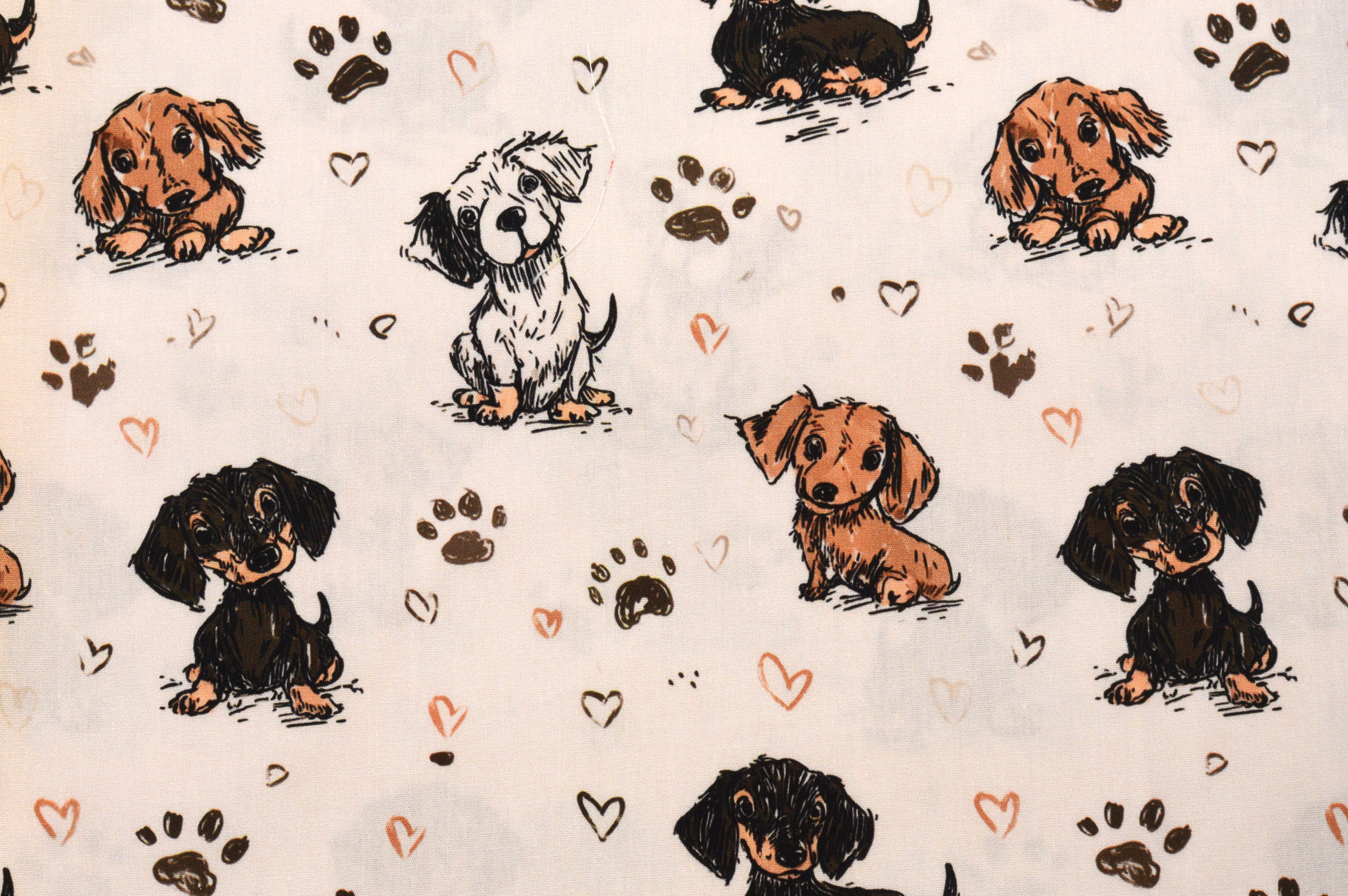 Baumwollstoff Digitaldruck Eigenproduktion mit Dackeln, Pfoten und Herzchen - hellbeige