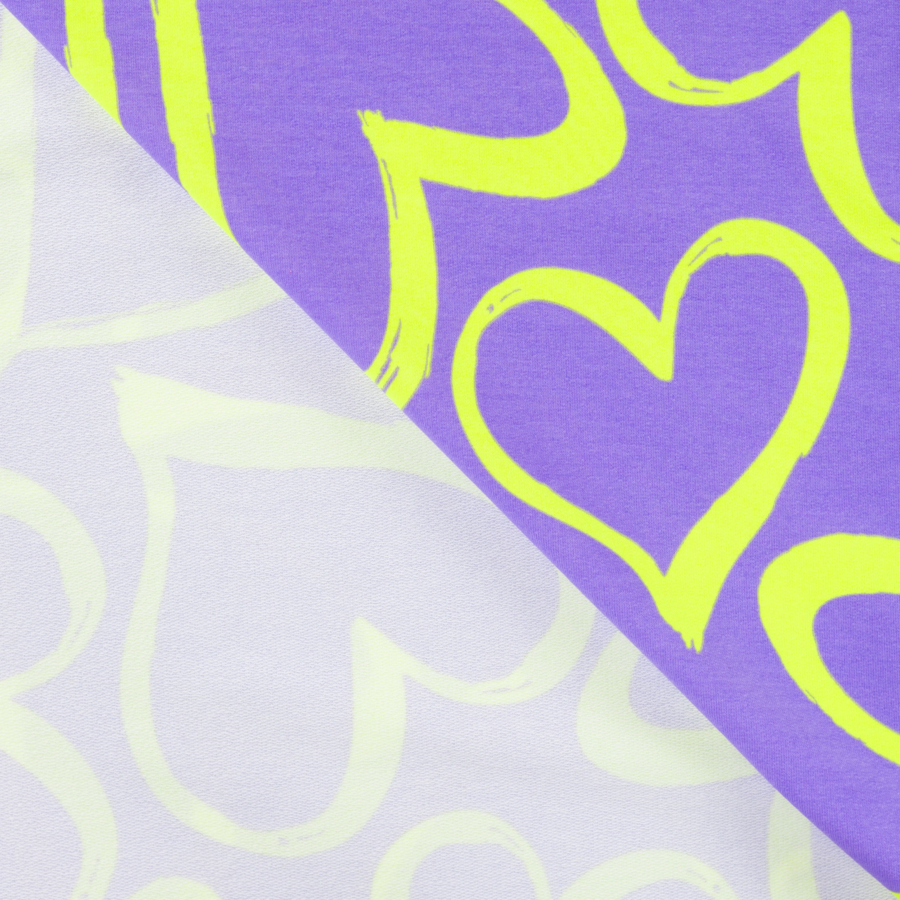 French Terry "Neon Hearts" mit neon gelben Herzen - dusty lila (Q430)
