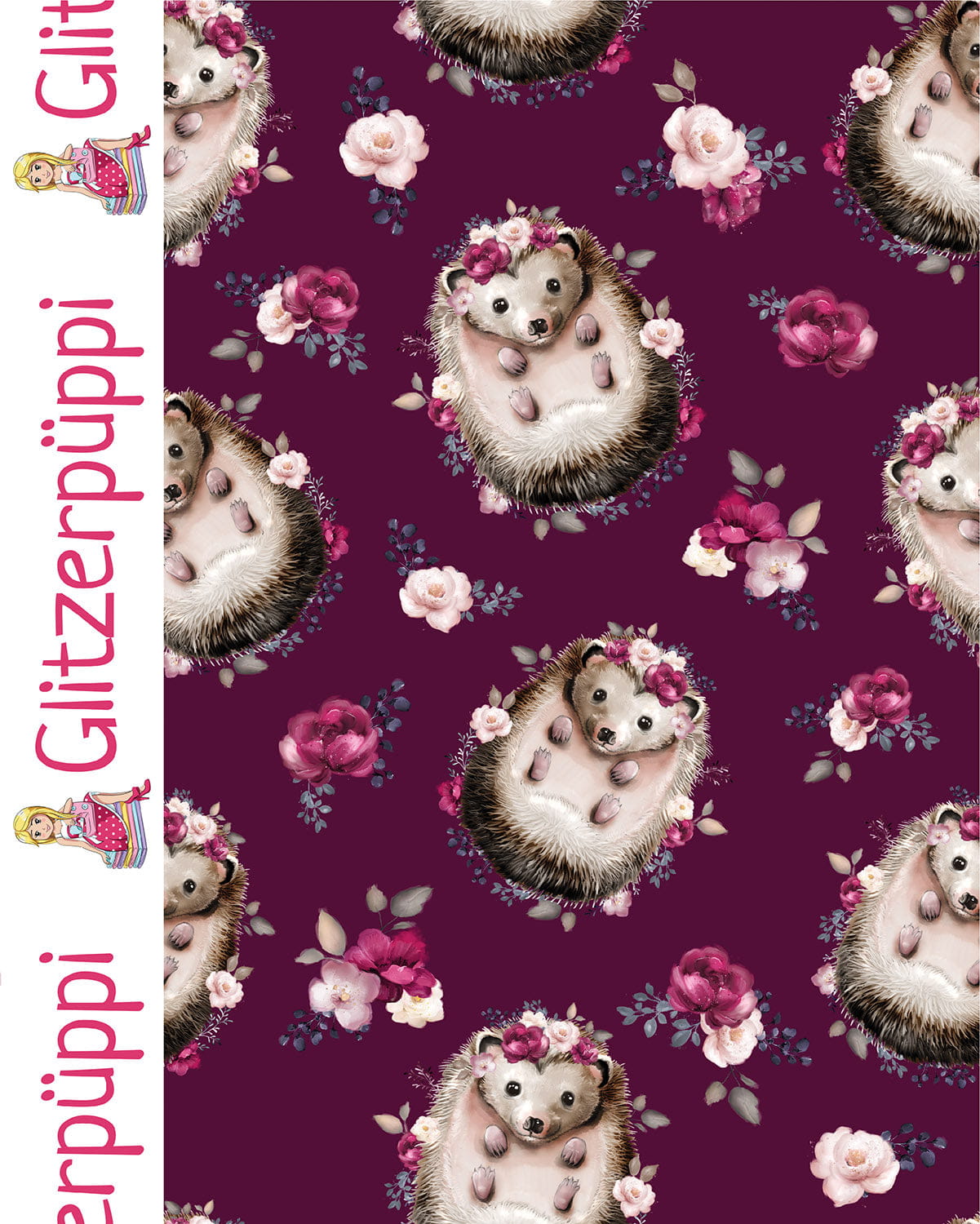Glitzerpüppi French Terry Digital mit Igeln und Blumen - weinrot (N019)