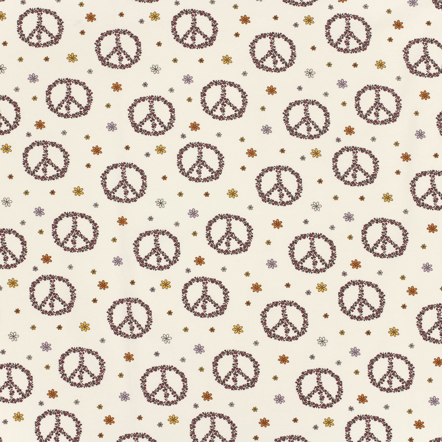 Baumwolljersey mit Blumen und Peace Zeichen - creme