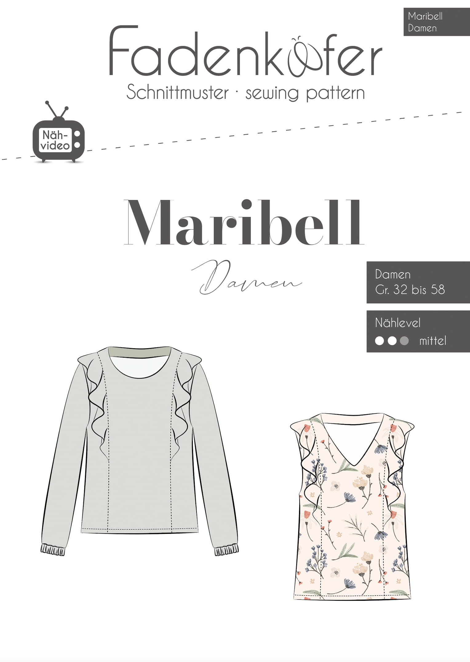 Papierschnittmuster Bluse Maribell für Damen 32-58 von Fadenkäfer  
