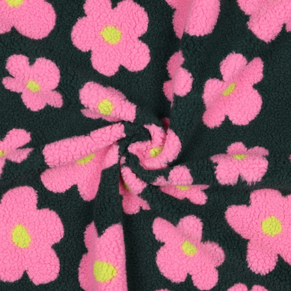 Teddystoff Jacquard mit Blumen - dunkelgrün/rosa (V003)