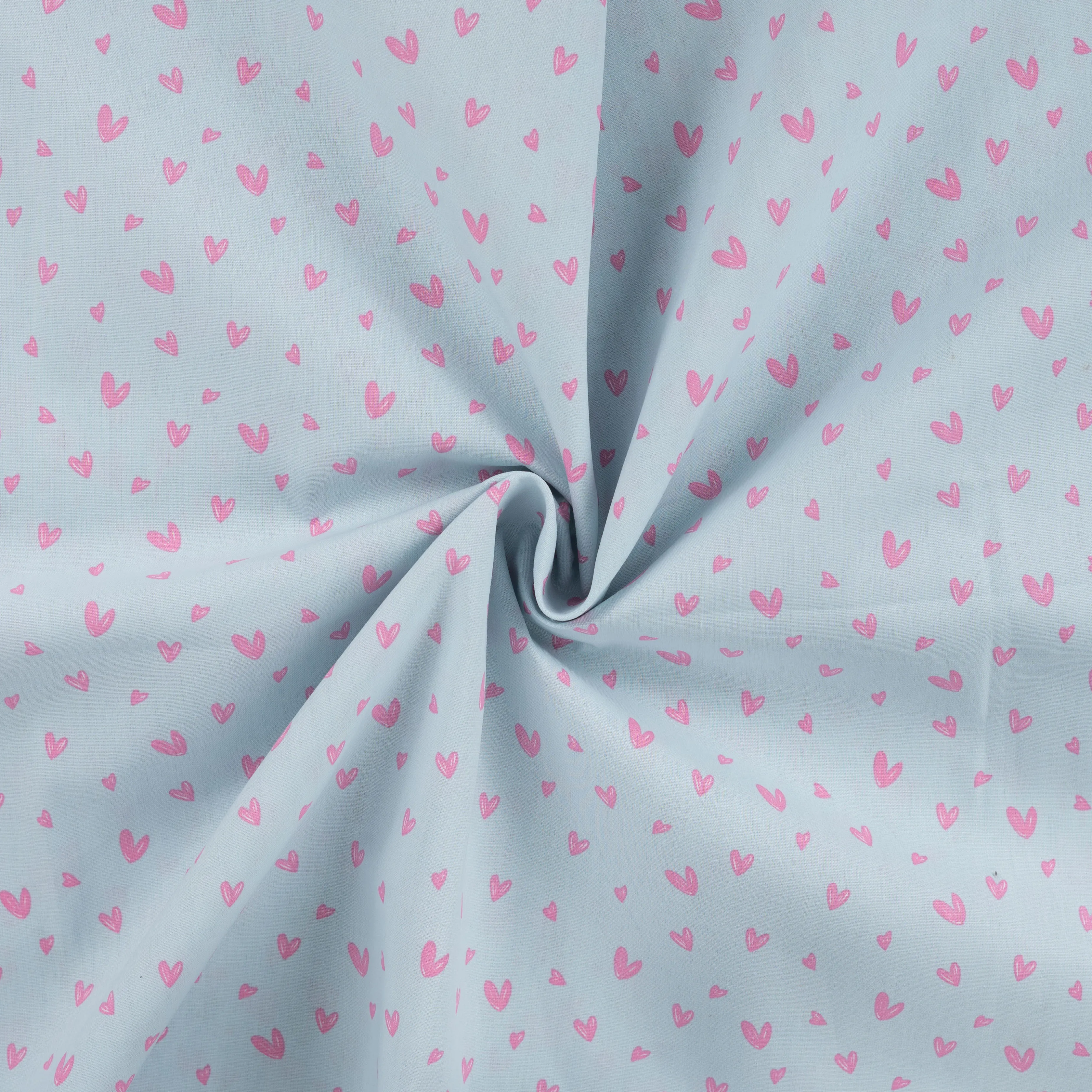 baumwoll-popeline-herzchen-pink-hellblau Hellblaue Baumwoll-Popeline mit kleinen rosa Herzchen - kindgerechtes Allover Muster auf Stoffbahn