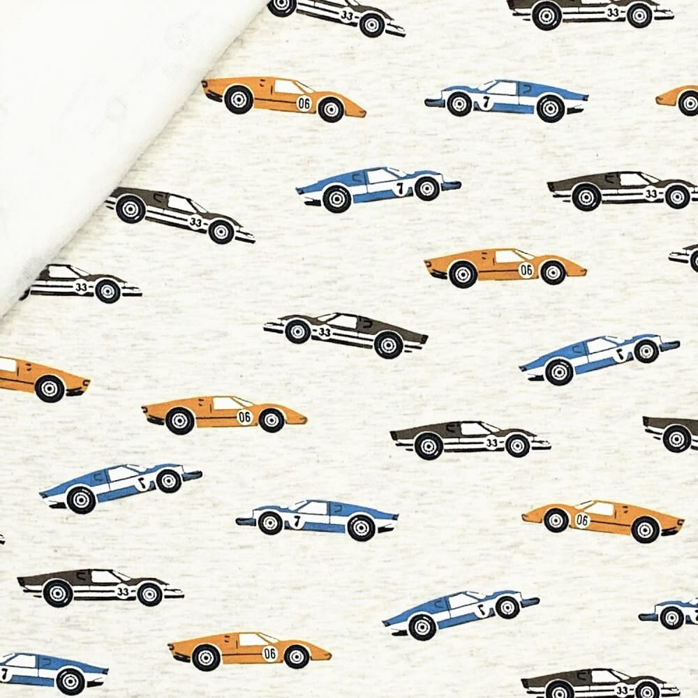 Alpenfleece "Vintage Racing Cars" - ecru meliert   