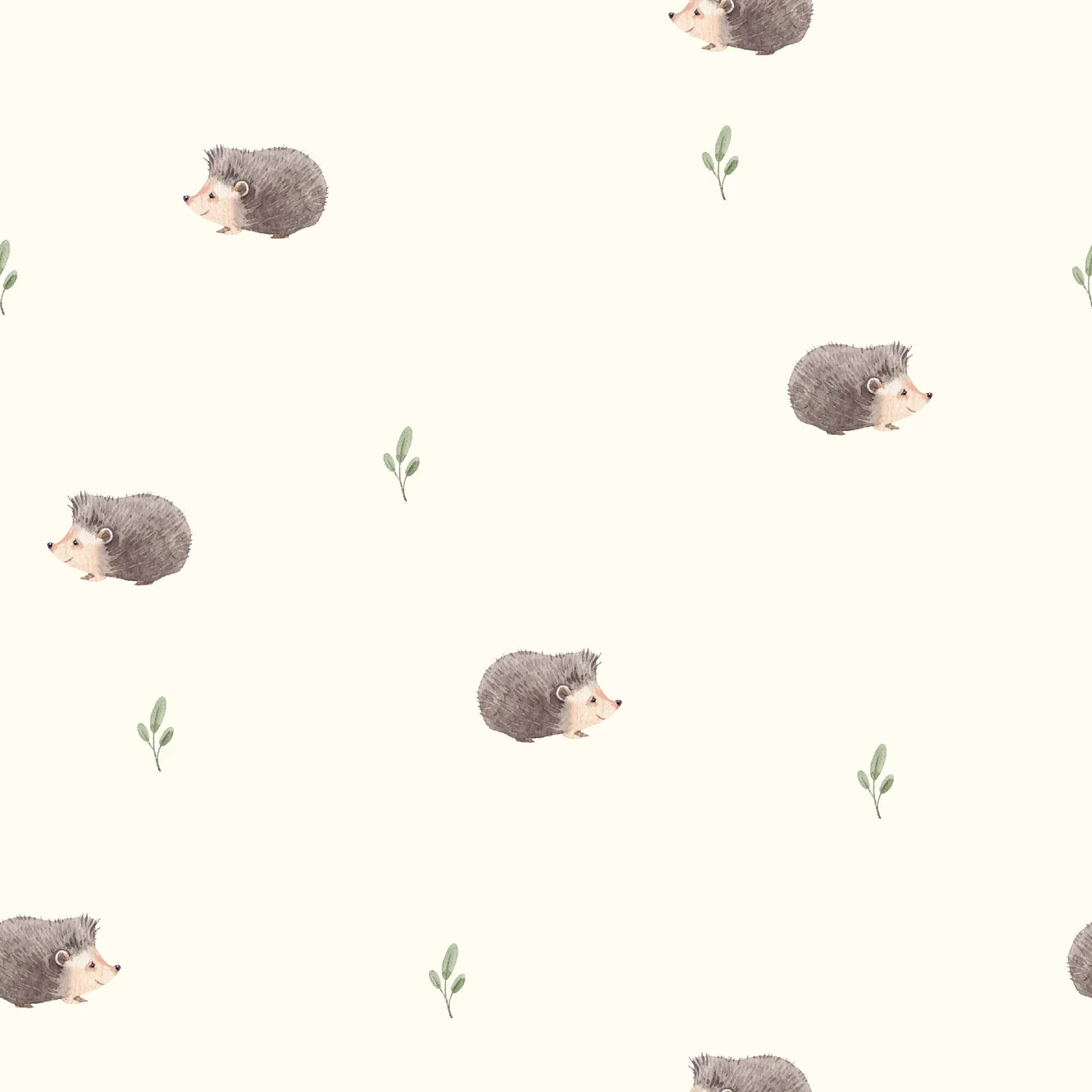 Organic Cotton French Terry mit kleinen Igeln und grünen Zweigen auf naturfarbenem Hintergrund