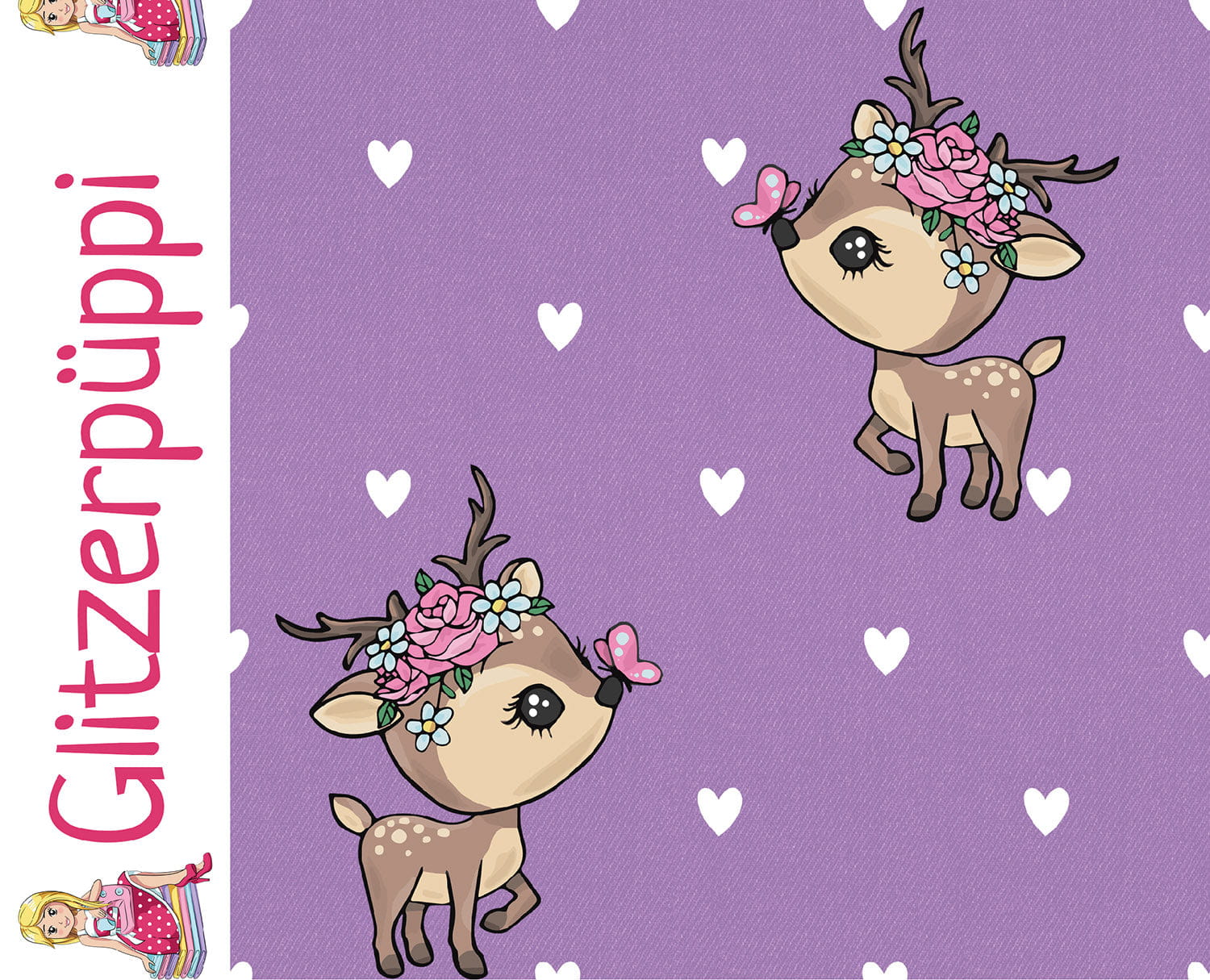 Glitzerpüppi French Terry Digital mit Baby-Hirschen und Herzen - helllila (N043)