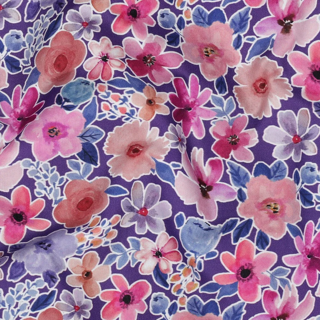 Baumwollstoff Popeline Digital mit Aquarellblumen - lila (V005)