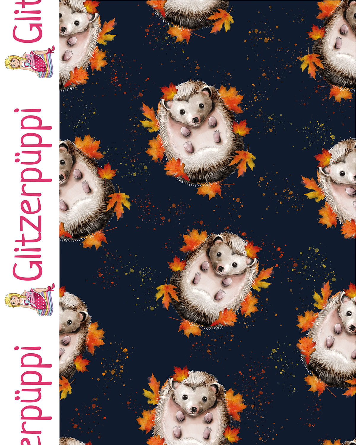Glitzerpüppi French Terry Digital mit Igeln und Blättern - marine (N008)