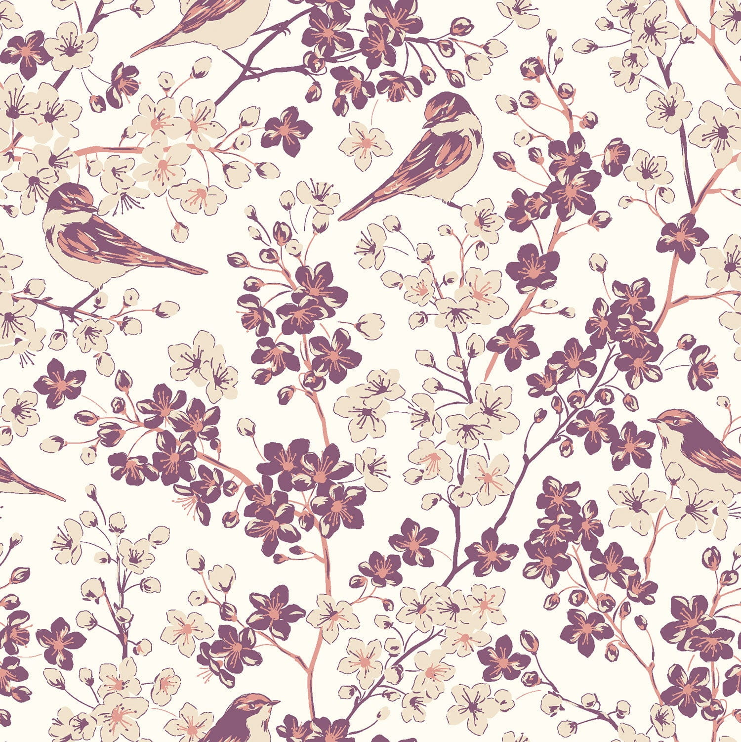 Baumwollstoff Popeline mit floralen Zweigen & Vögeln - ecru (N051)