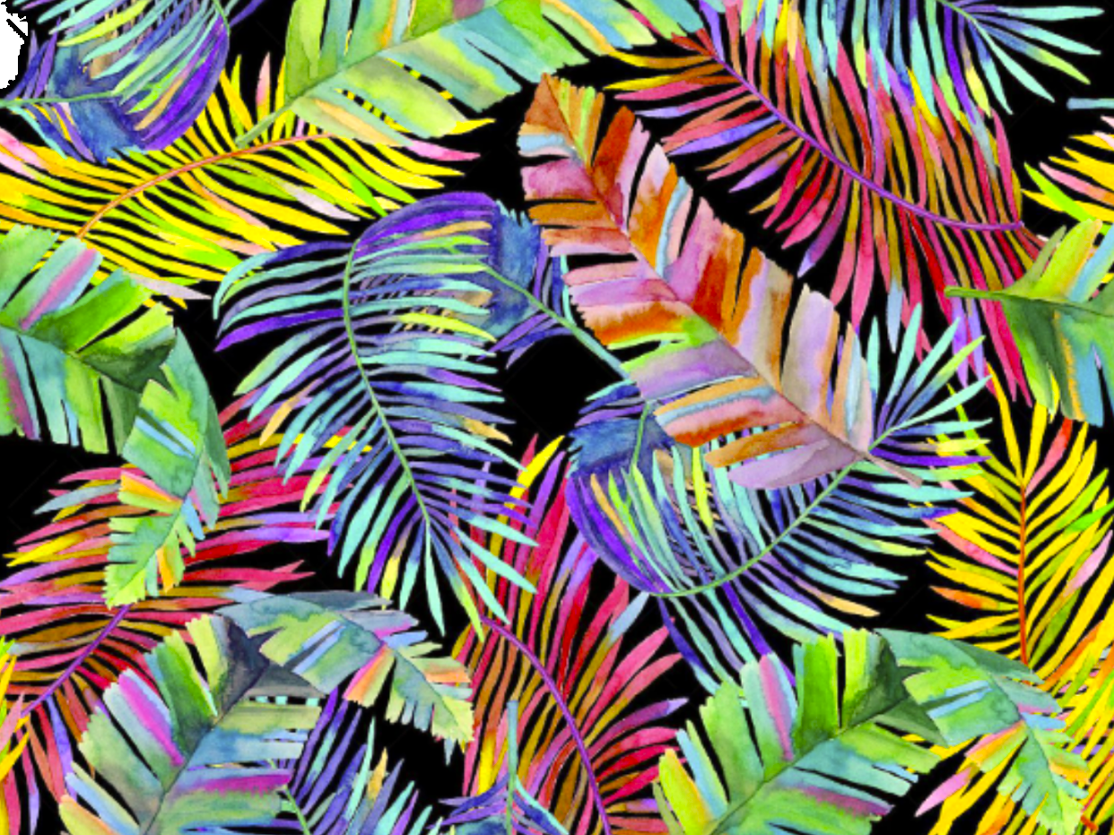 Alpenfleece Digital mit bunten tropischen Blättern - schwarz 