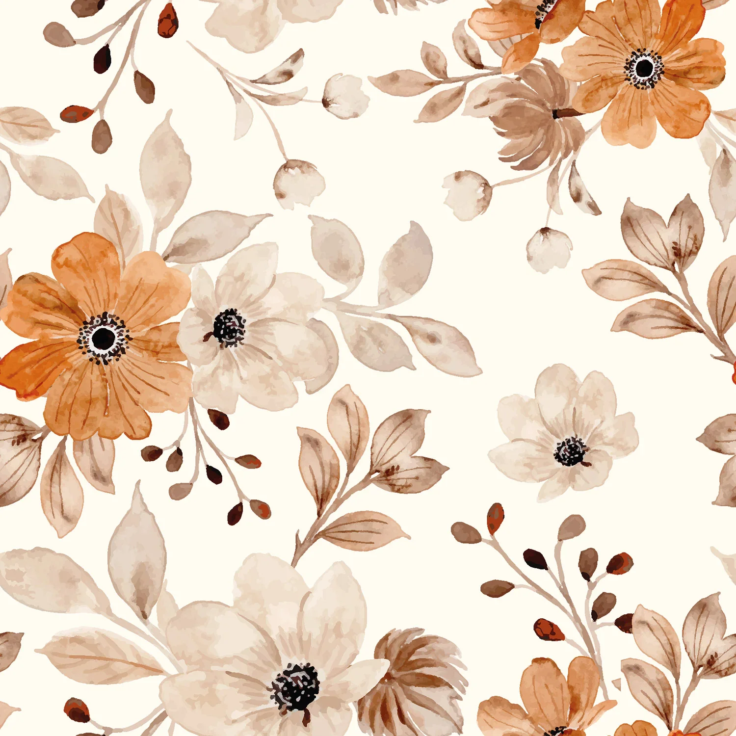 French Terry Sommersweat digital mit beigen und terracottafarbenen Aquarellblumen auf hellem Grund