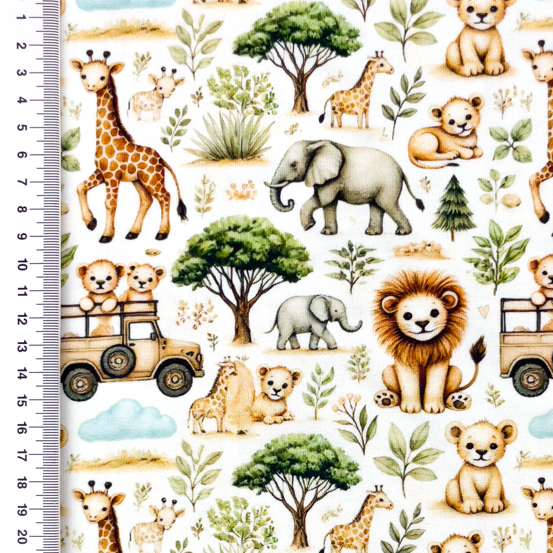 Baumwolljersey Digital "Safari Life" mit Safari Tieren - weiß