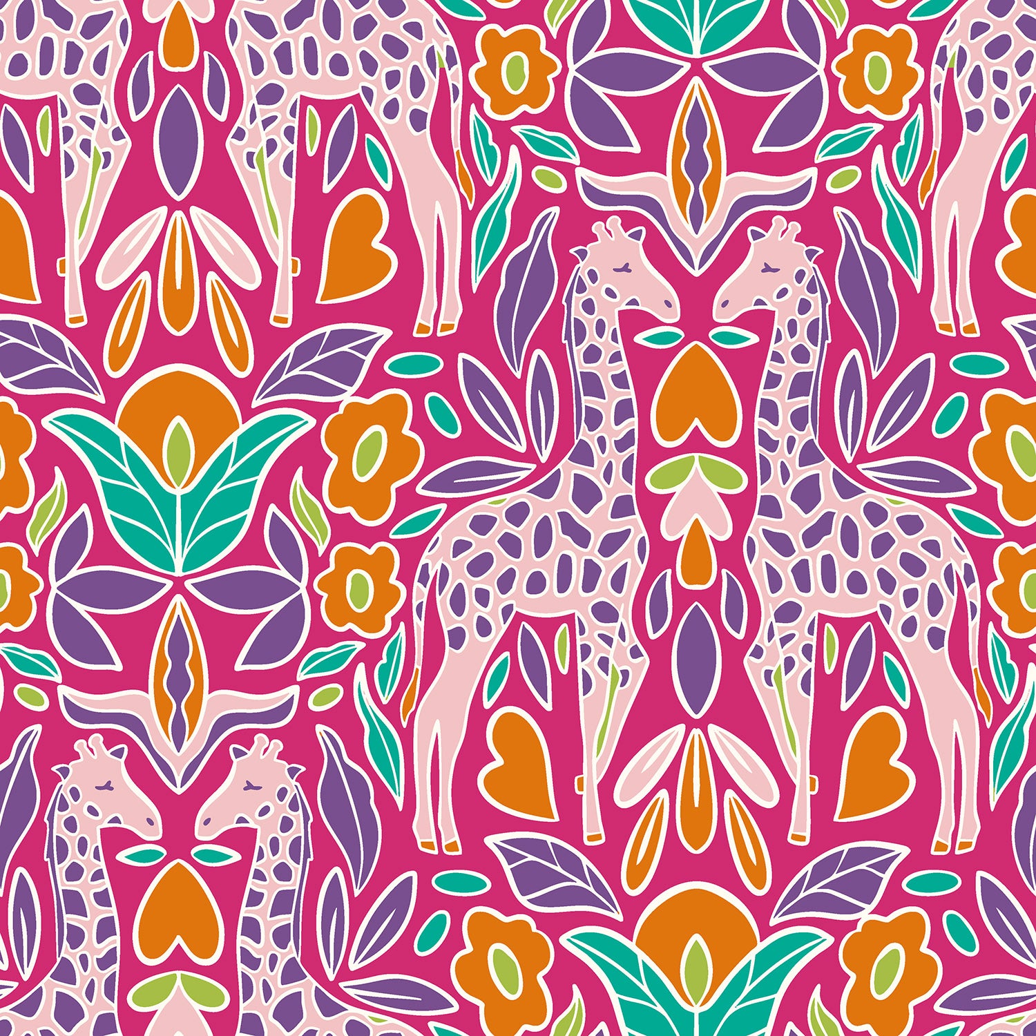 Baumwollstoff Popeline mit Giraffen und Blumen - fuchsia