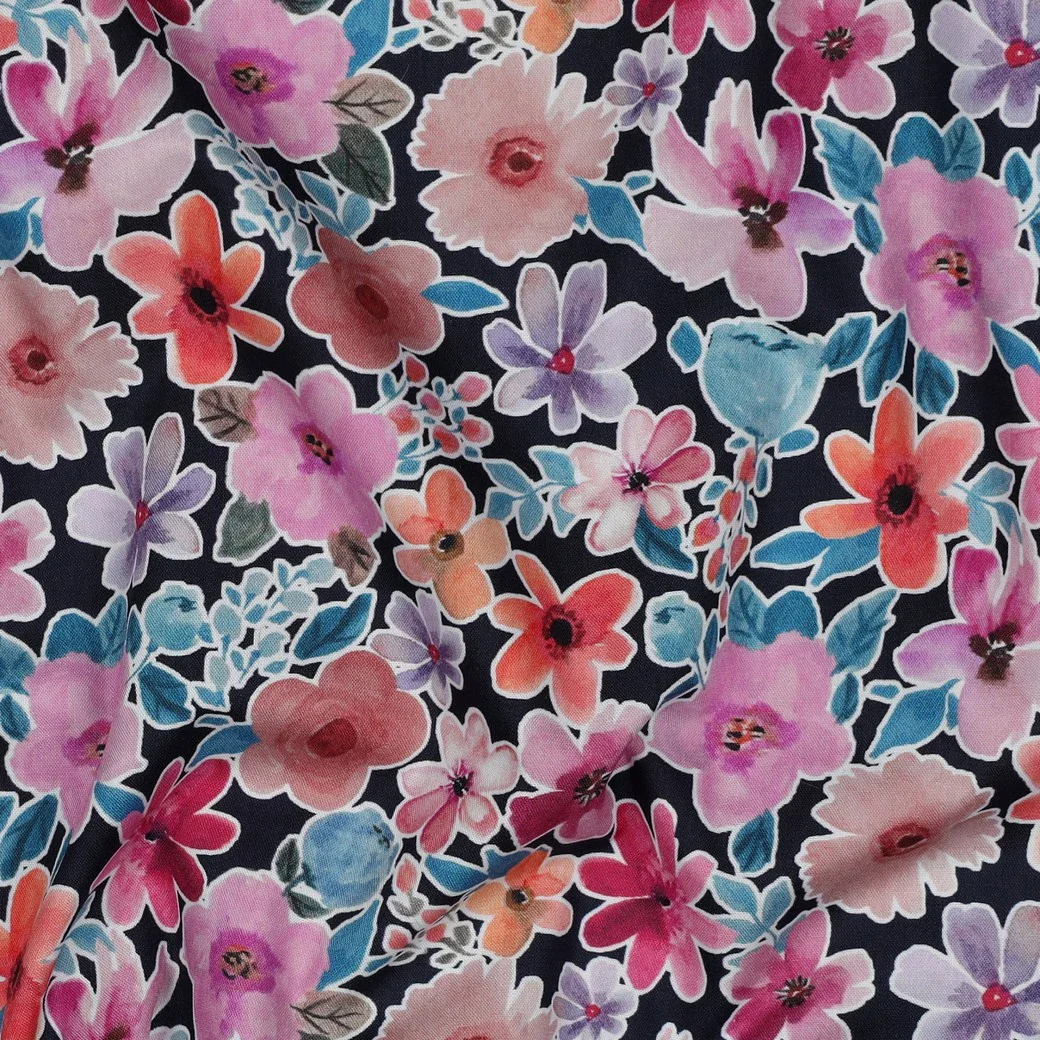 Baumwollstoff Popeline Digital mit Aquarellblumen - marine (V003)