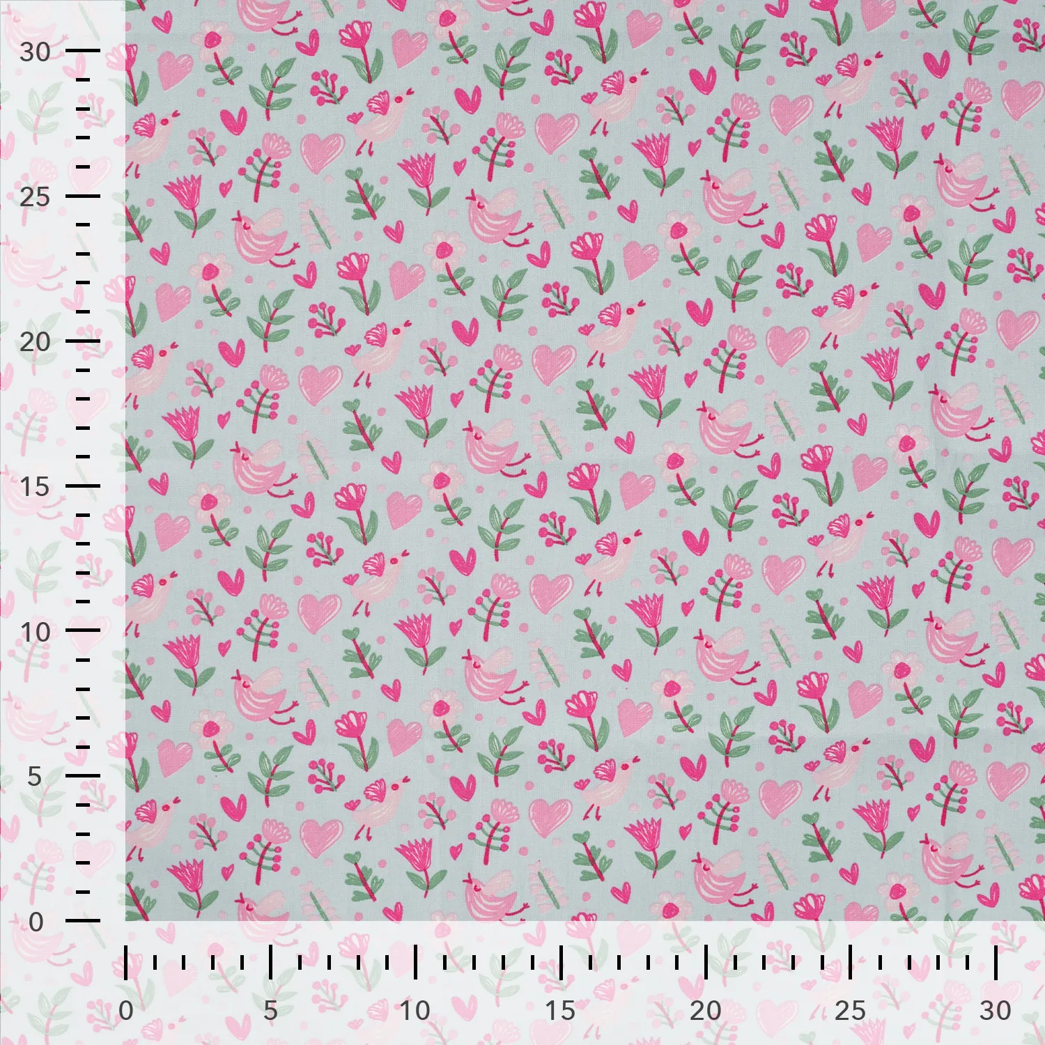 baumwoll-popeline-herzen-voegel-blumen-hellblau Baumwollstoff mit rosa Herzchen, Blumen und Vögeln auf hellblauem Hintergrund - Popeline für Kinderprojekte
