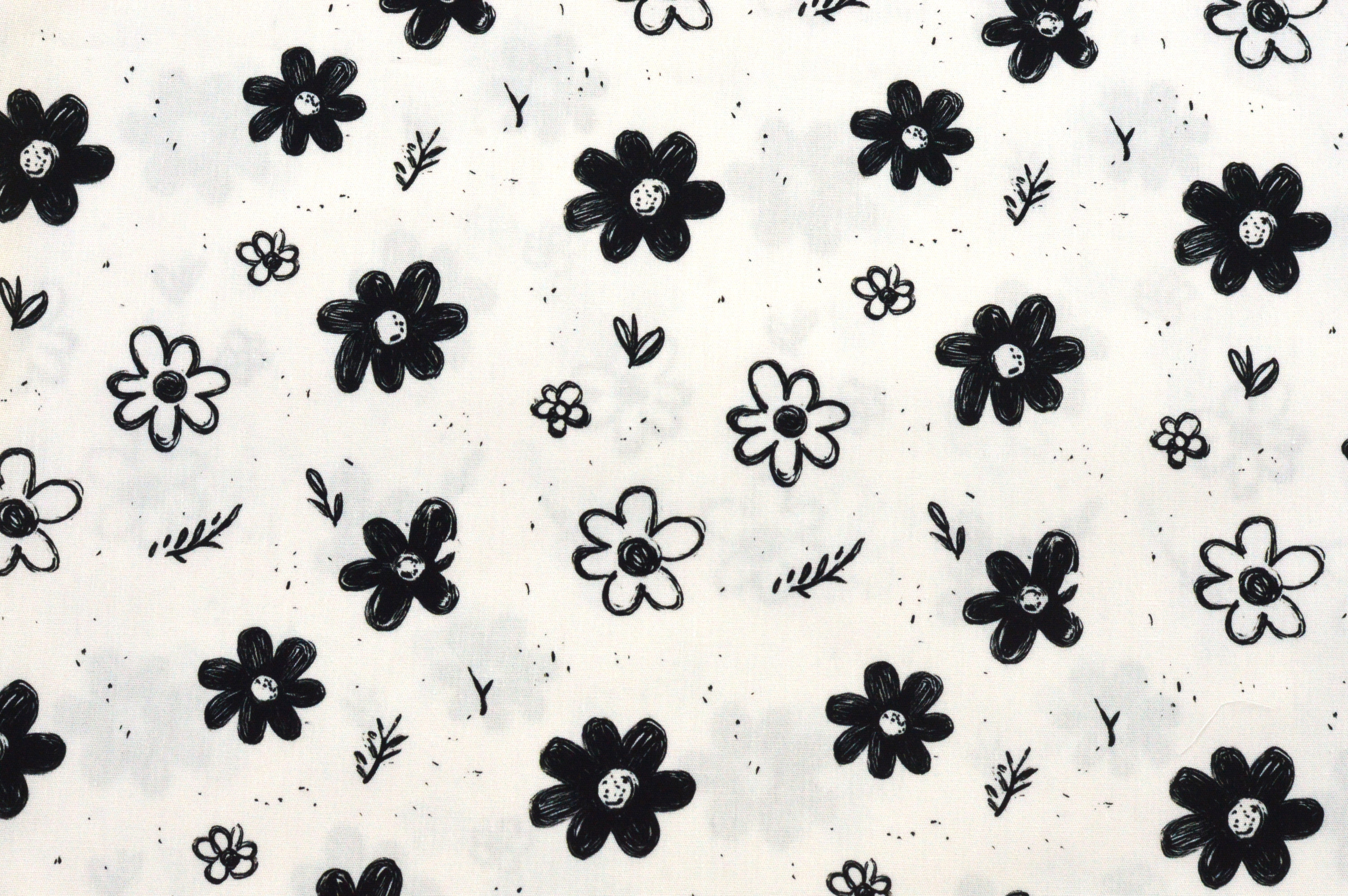 Baumwollstoff Digitaldruck Eigenproduktion mit skizzierten schwarzen Blumen  - ecru