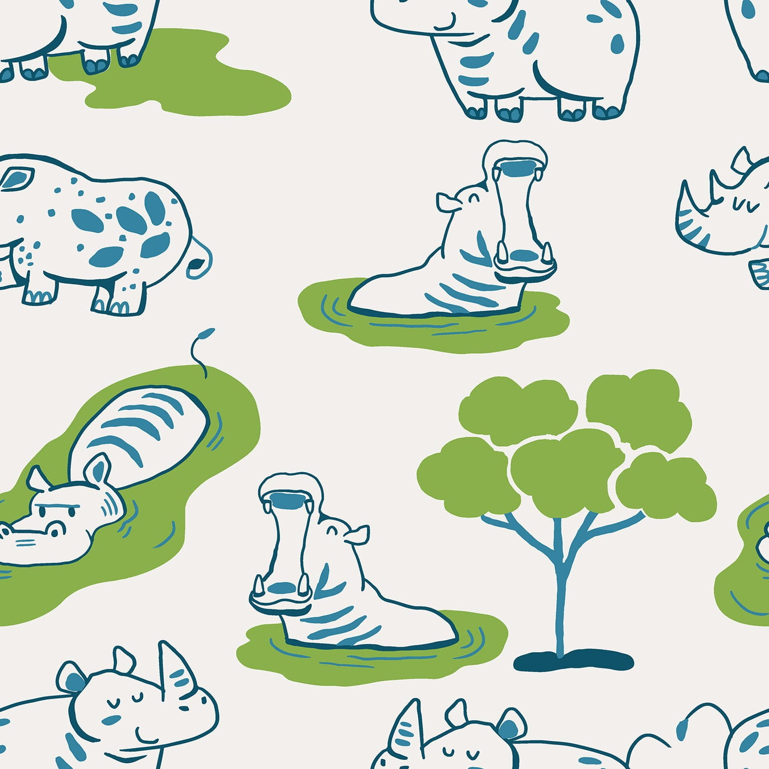 Baumwolljersey mit Nilpferden - ecru (N051)