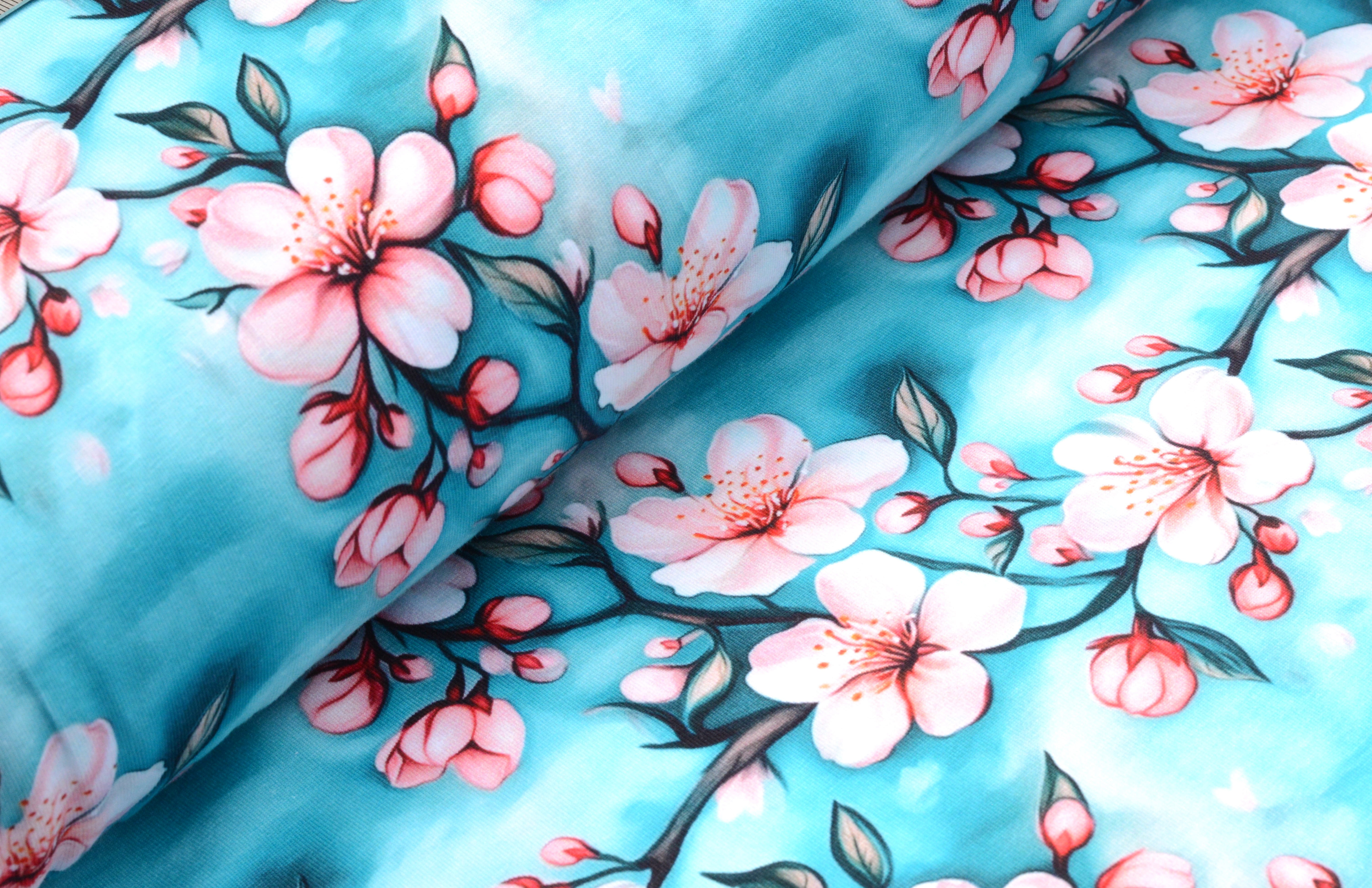 Digitaljersey Eigenproduktion "Cherry Blossom" mit Kirschblüten - türkis